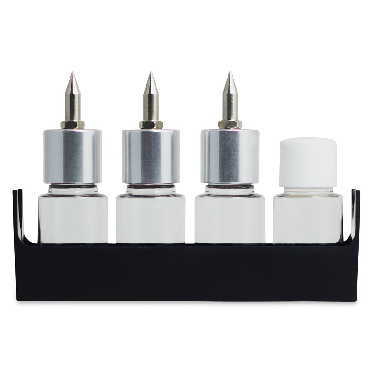 Airbrush Accessories - 4 plastic bottles in stand, 1 with plain cap, 3 with Airbrush attachment caps