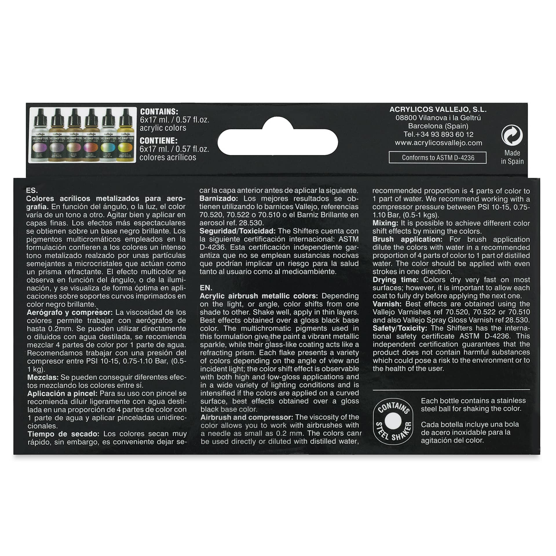 Vallejo The Shifters Eccentric Acrylic Airbrush Colors - 17 ml, Set of 6, Magic Dust (Back of package)