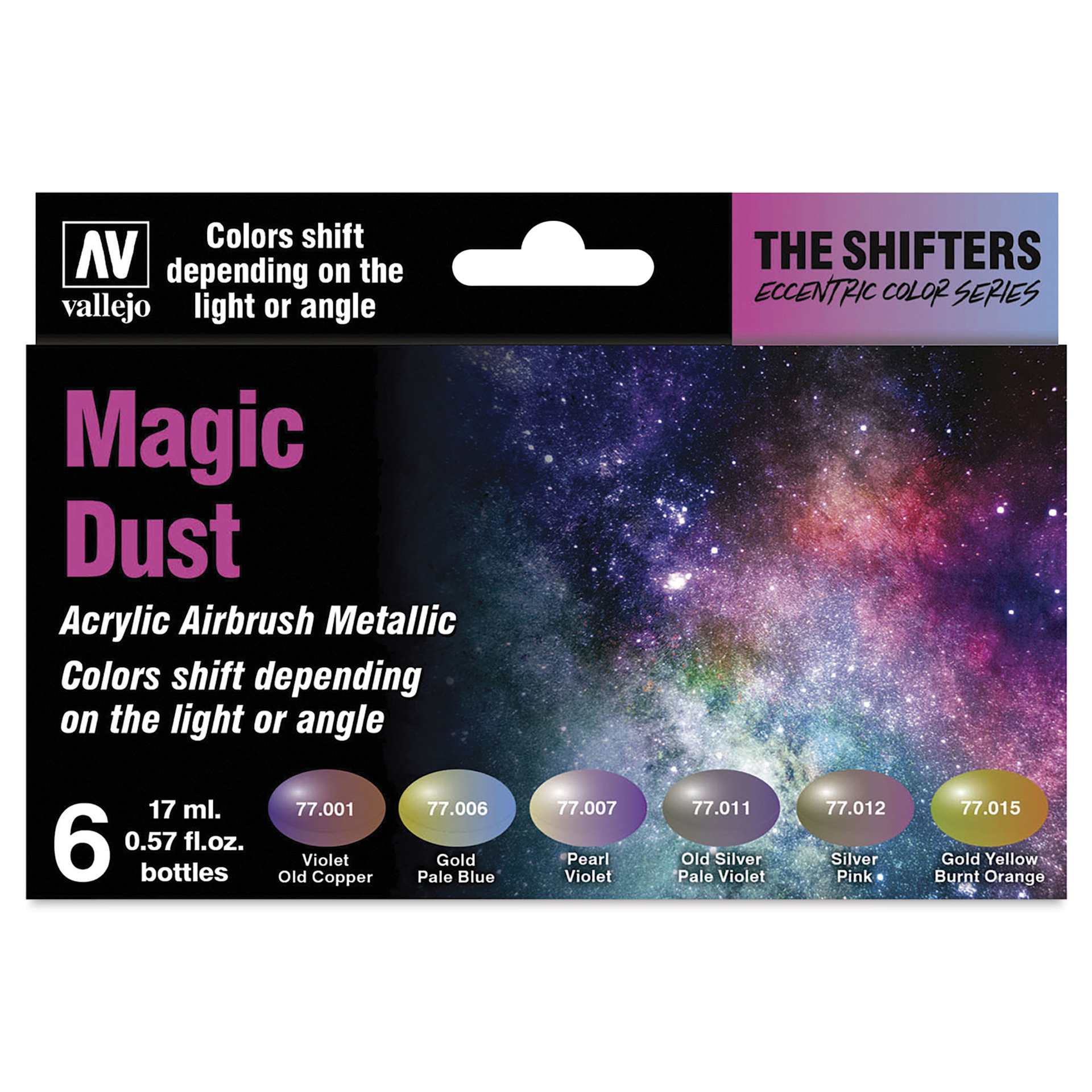 Vallejo The Shifters Eccentric Acrylic Airbrush Colors - 17 ml, Set of 6, Magic Dust, front of package
