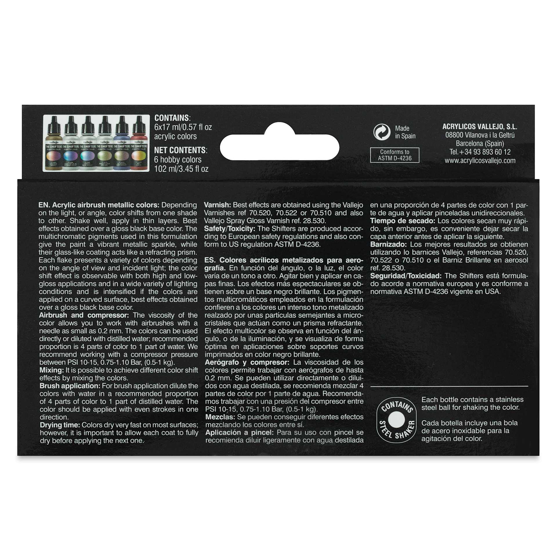 Vallejo The Shifters Eccentric Acrylic Airbrush Colors - 17 ml, Set of 6, Space Dust (Back of package)