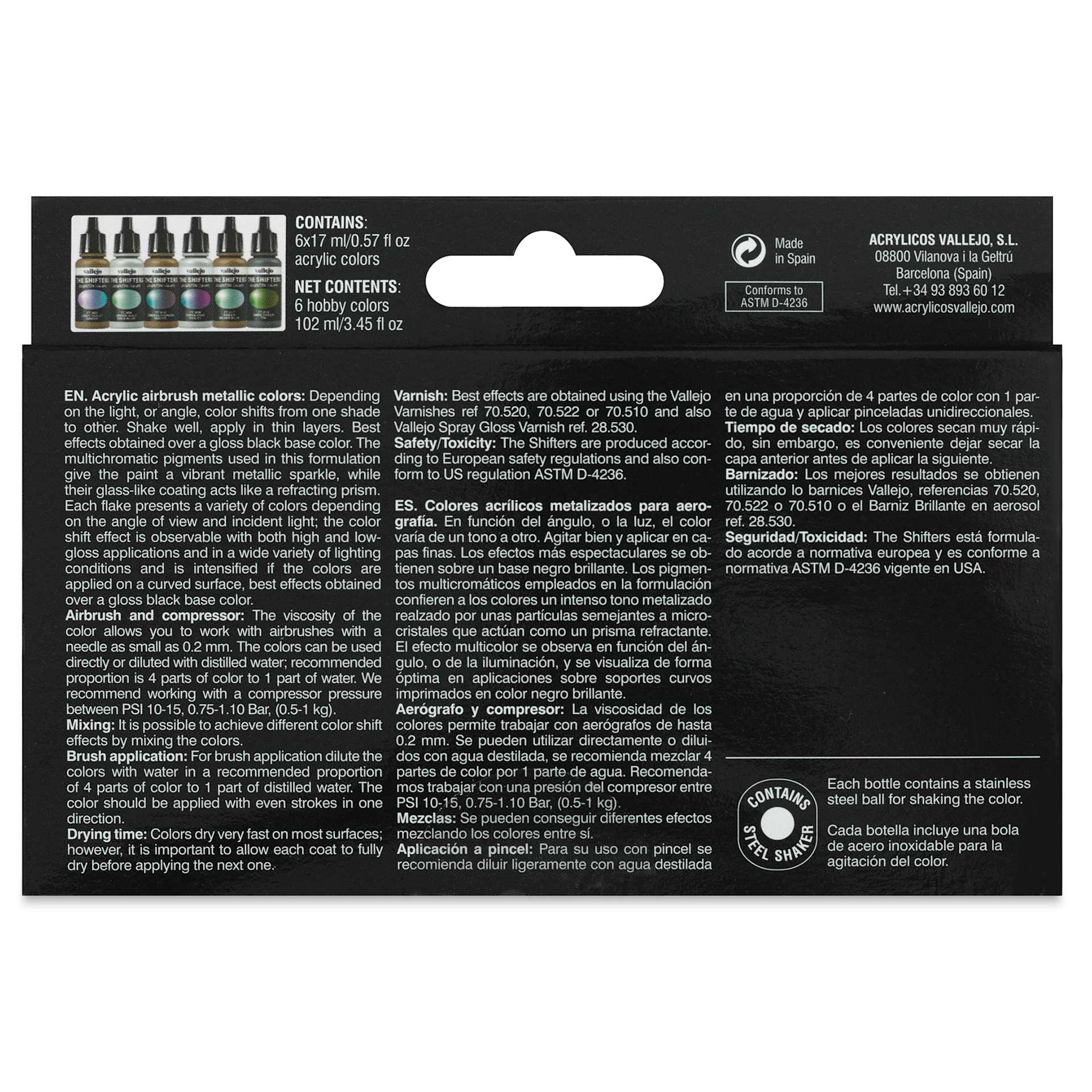 Vallejo The Shifters Eccentric Acrylic Airbrush Colors - 17 ml, Set of 6, Galaxy Dust (Back of package)