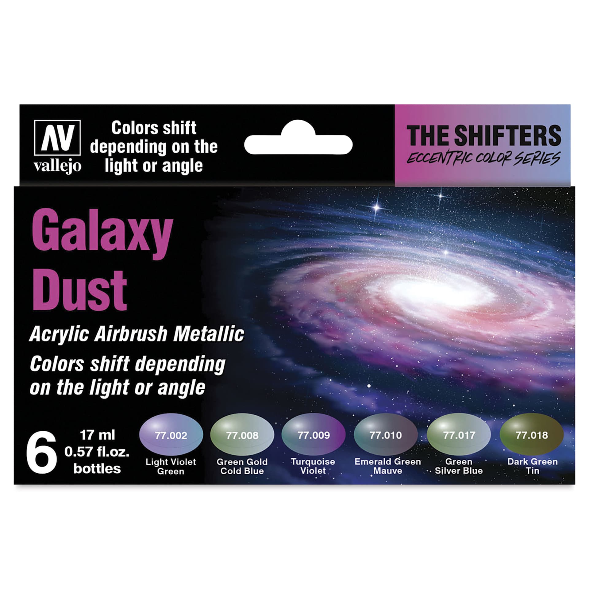 Vallejo The Shifters Eccentric Acrylic Airbrush Colors - 17 ml, Set of 6, Galaxy Dust, front of package