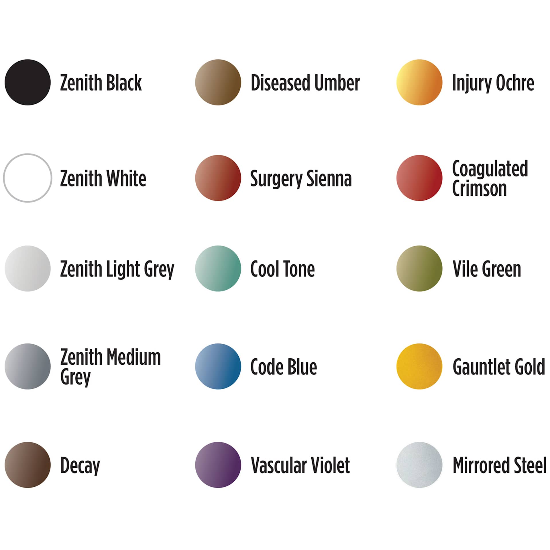Iwata Medea NuWorlds Airbrush Paints - Heavy Metal, Set of 19, swatches