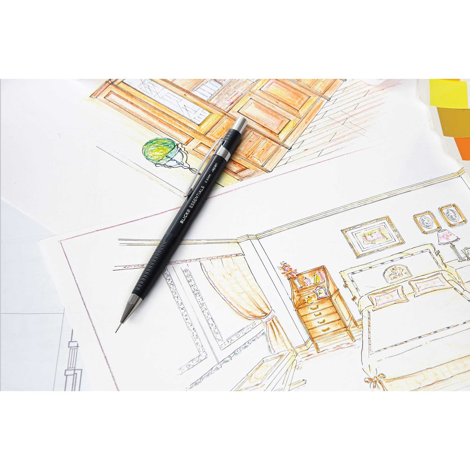 Blick Essentials Mechanical Pencil - Black, 0.5 mm (pencil laying on a drawing of a room)