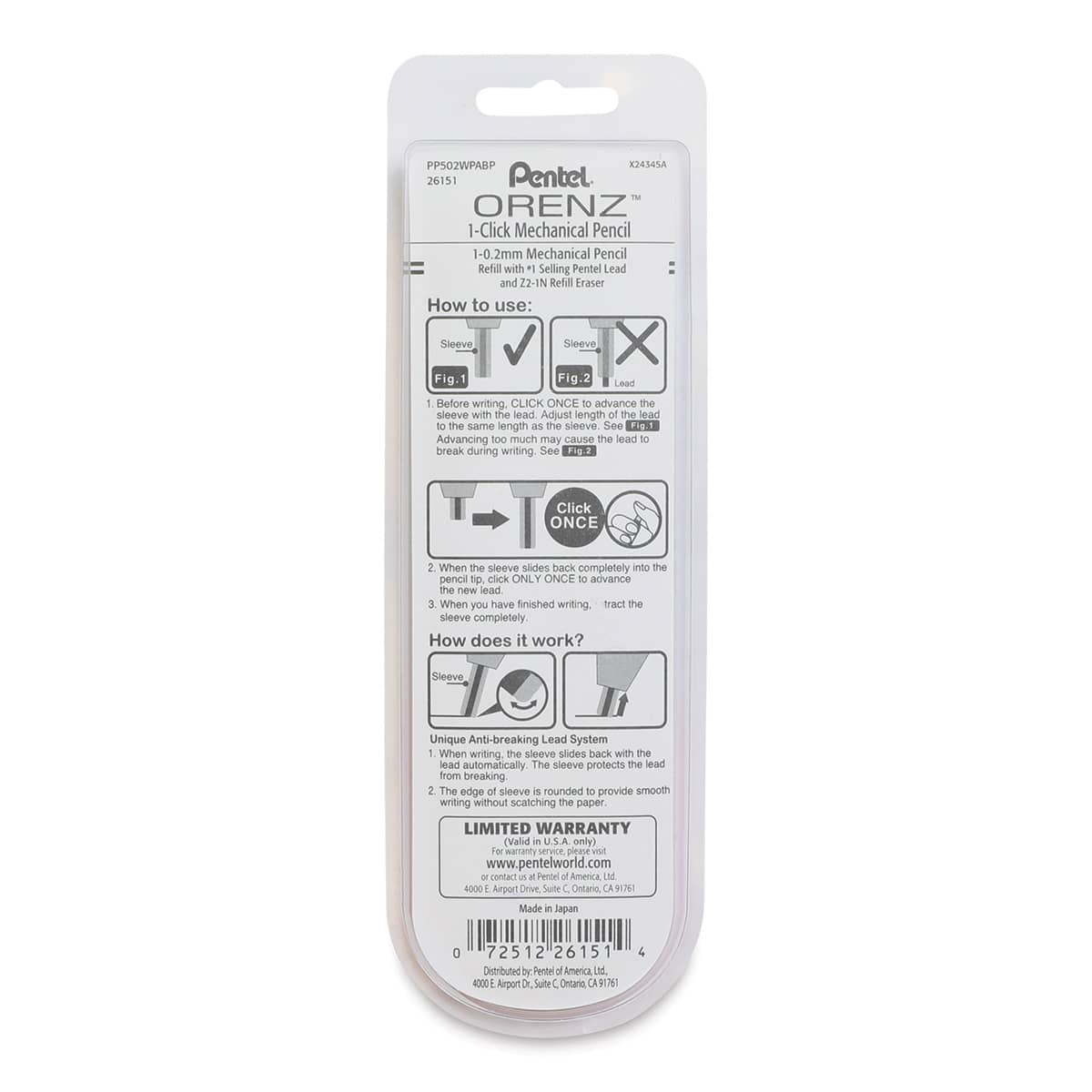 Pentel Orenz 1-Click Mechanical Pencil - White, 0.2mm (back of package)