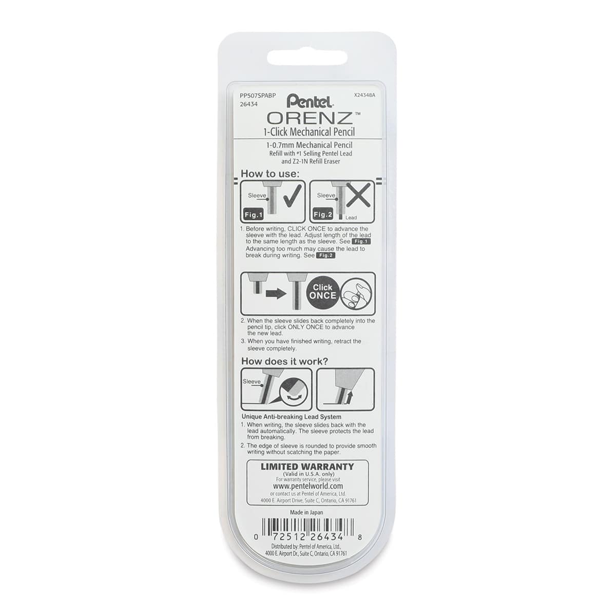 Pentel Orenz 1-Click Mechanical Pencil - Sky Blue, 0.7mm (back of package)