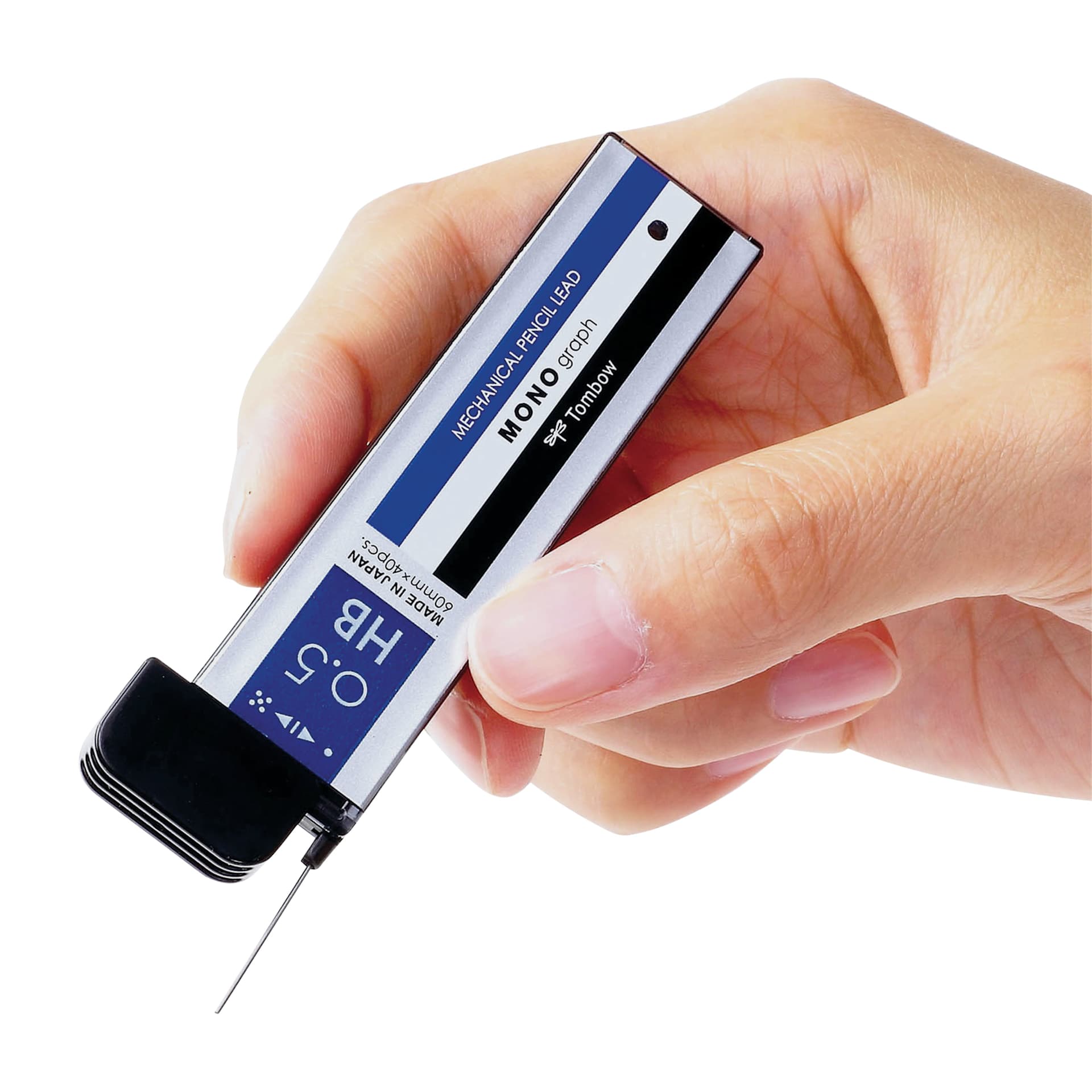 Tombow Mono Graph Lead Refills - HB, case in hand shaking one lead piece out