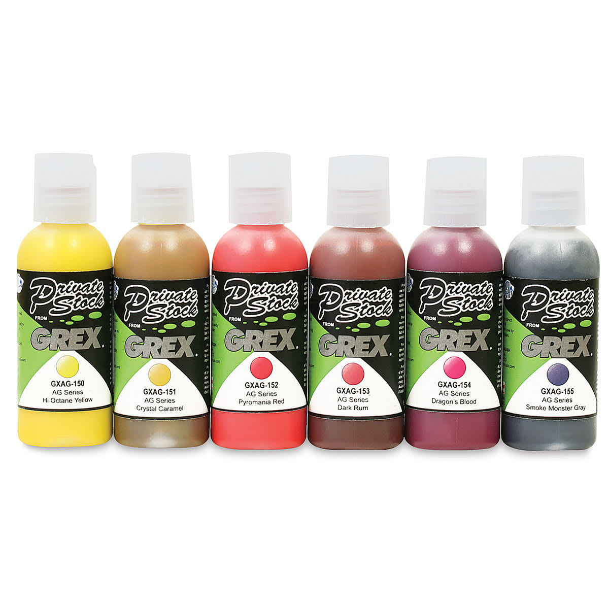 Grex Private Stock Airbrush Colors - Selection of Six open stock colors shown in row
