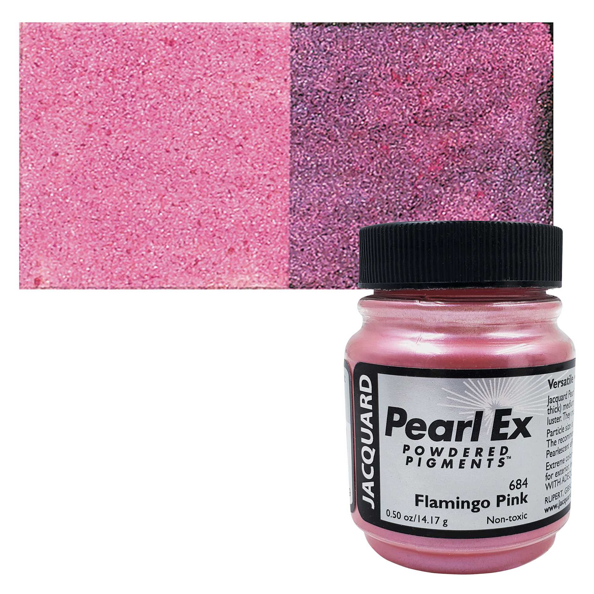 Jacquard Pearl-Ex Pigment - 0.5 oz, Flamingo Pink jar and swatch