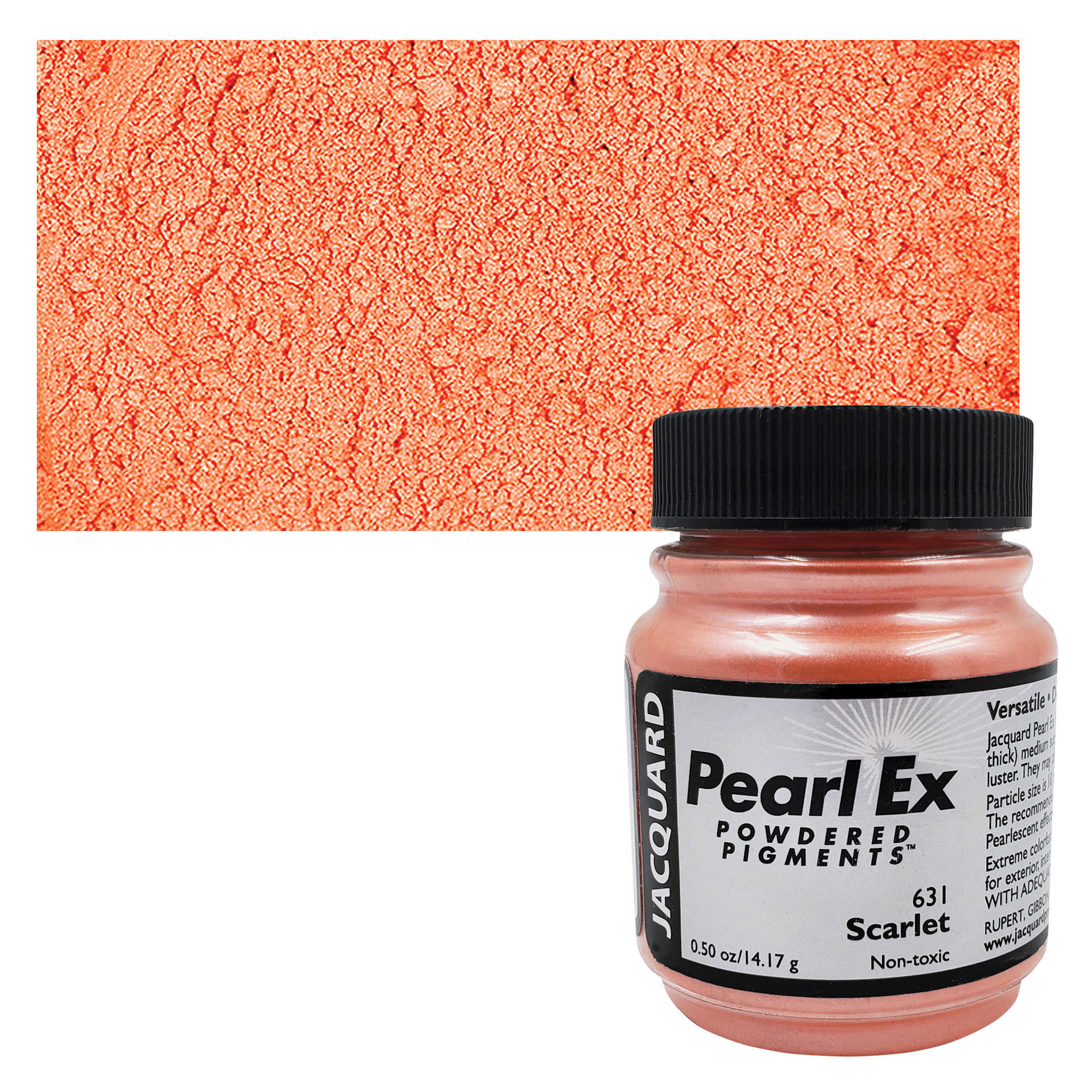 Jacquard Pearl-Ex Pigment - 0.5 oz, Scarlet jar and swatch