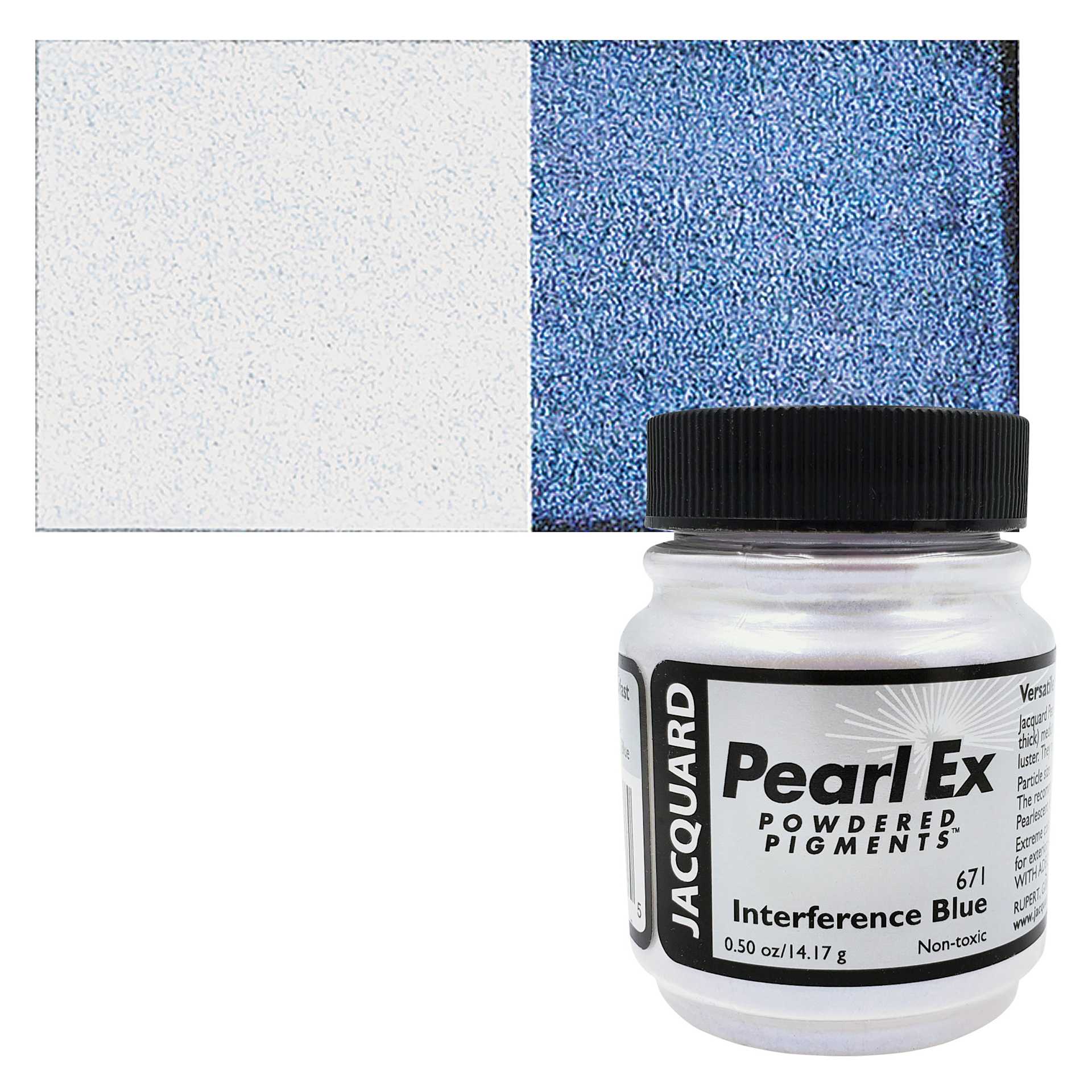 Jacquard Pearl-Ex Pigment - 0.5 oz, Interference Blue jar and swatch