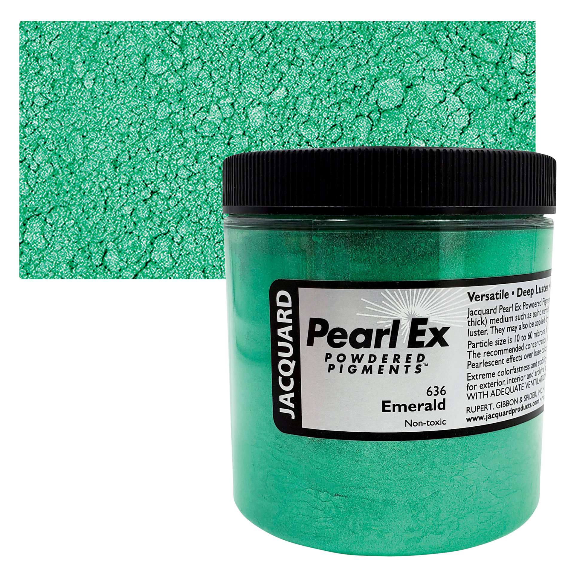 Jacquard Pearl-Ex Pigment - 4 oz, Emerald, Jar and swatch