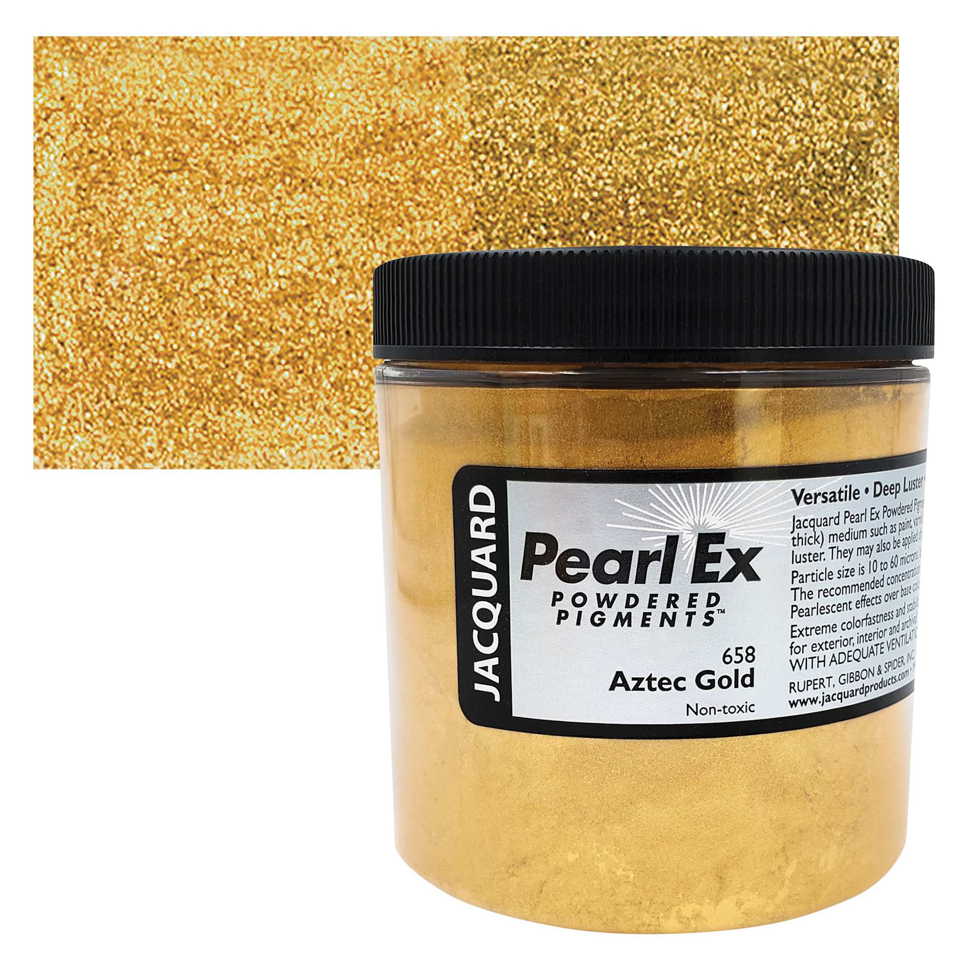 Jacquard Pearl-Ex Pigment - 4 oz, Aztec Gold, Jar and swatch