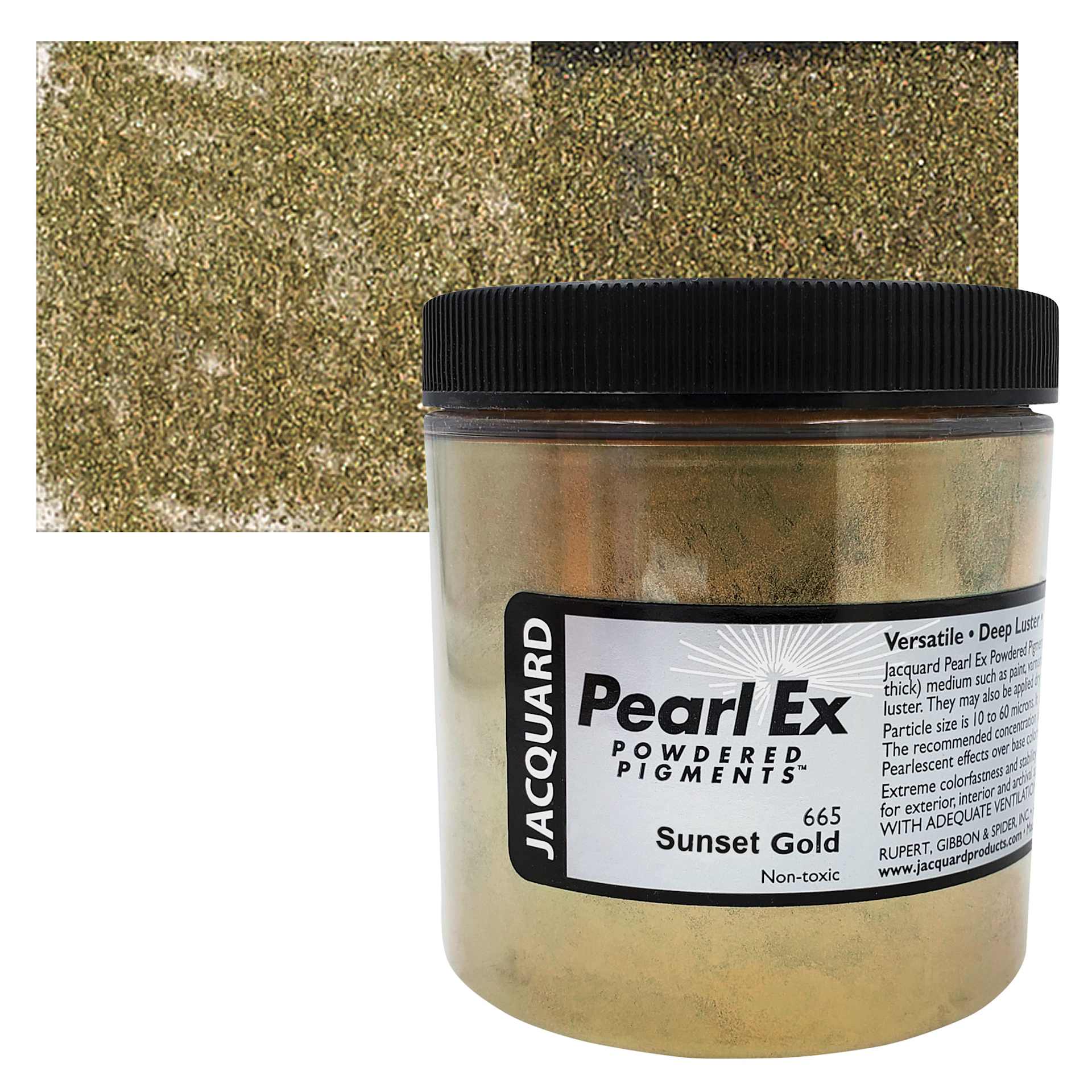 Jacquard Pearl-Ex Pigment - 4 oz, Sunset Gold, Jar and swatch