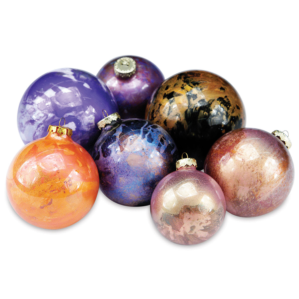 A group of 7 ornaments painted with Jacquard Pearl-Ex Pigments 