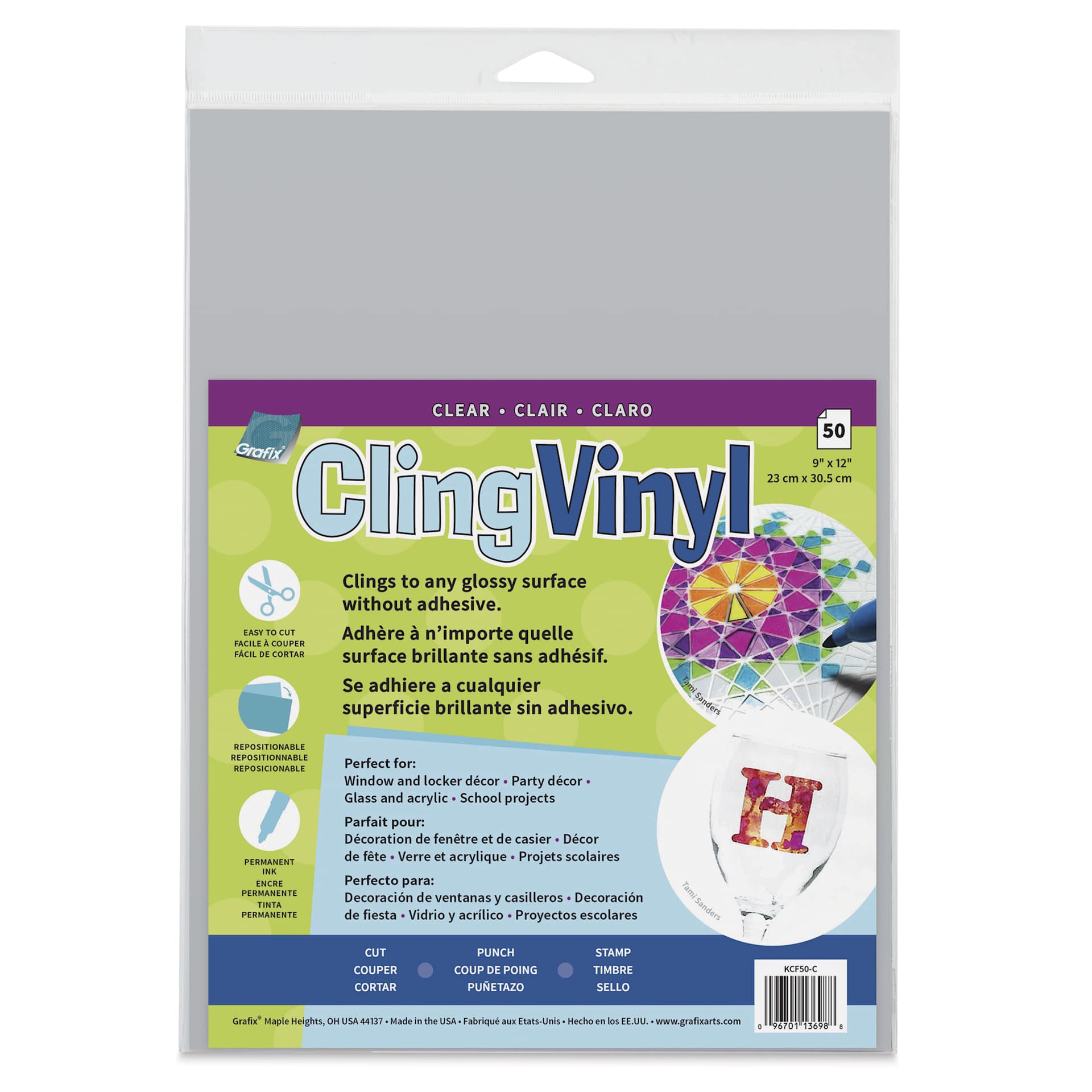Grafix Vinyl Cling Film - Clear, Pkg of 50