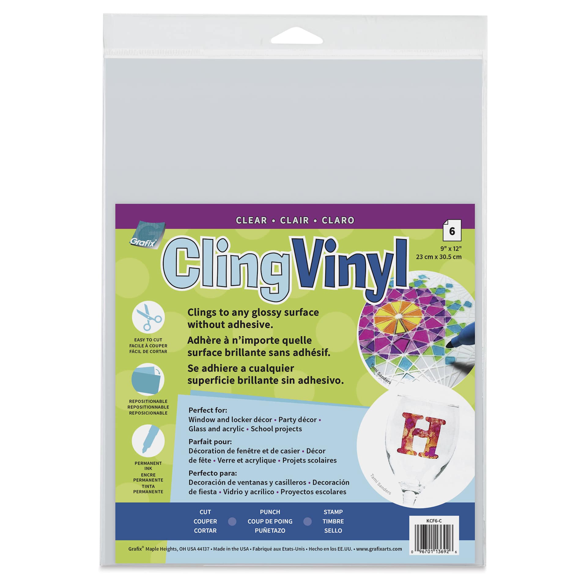Grafix Vinyl Cling Film - Clear, Pkg of 6