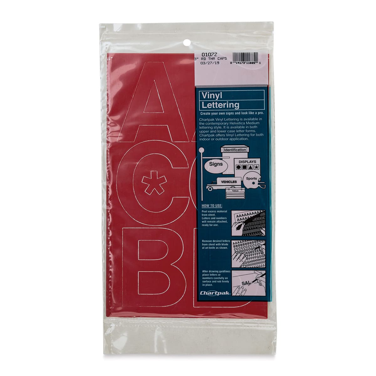 Chartpak Vinyl Letters – 3” Capital Letters, Red - front of packaging