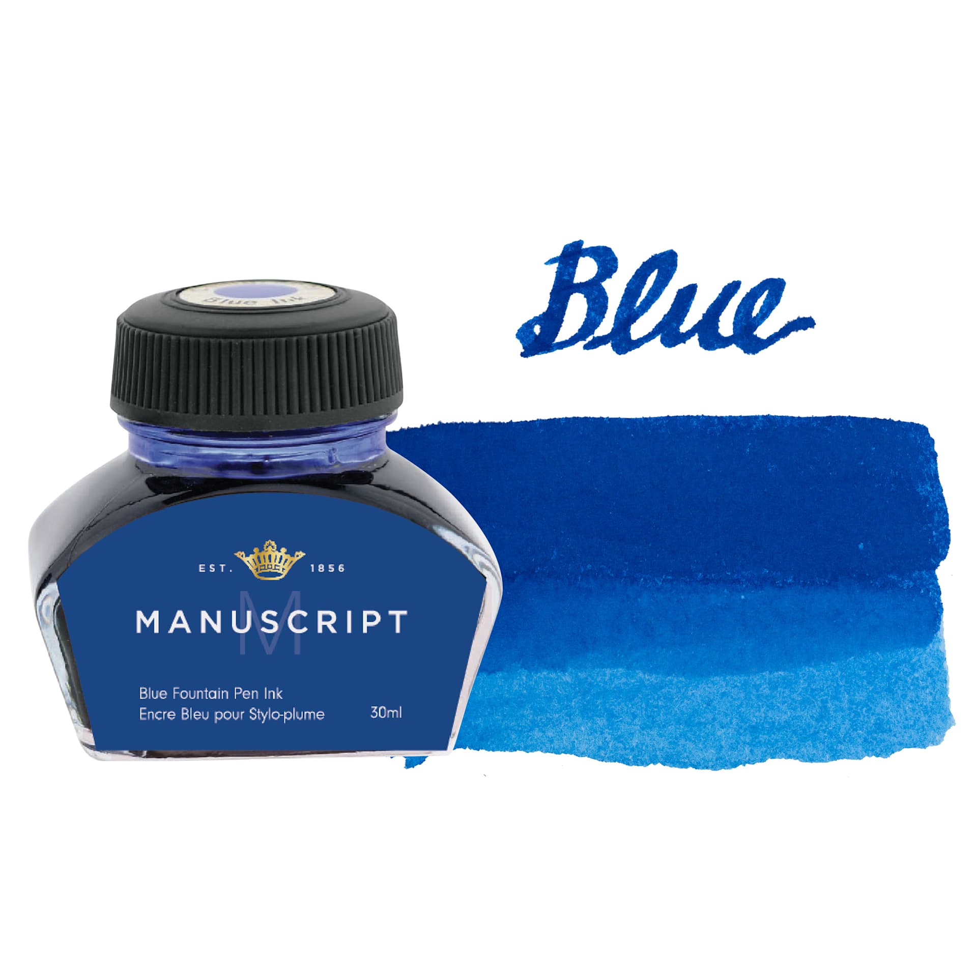 Manuscript Fountain Pen Ink - Blue, 30 ml bottle and swatch
