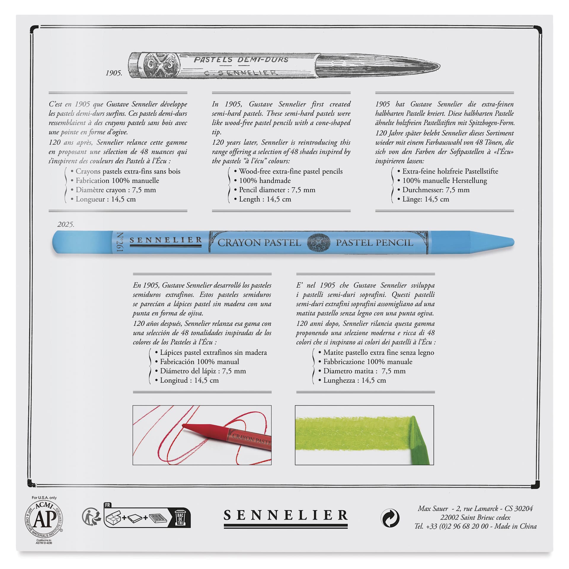 Sennelier Woodless Pastel Pencils - Set of 24, Assorted, back of packaging