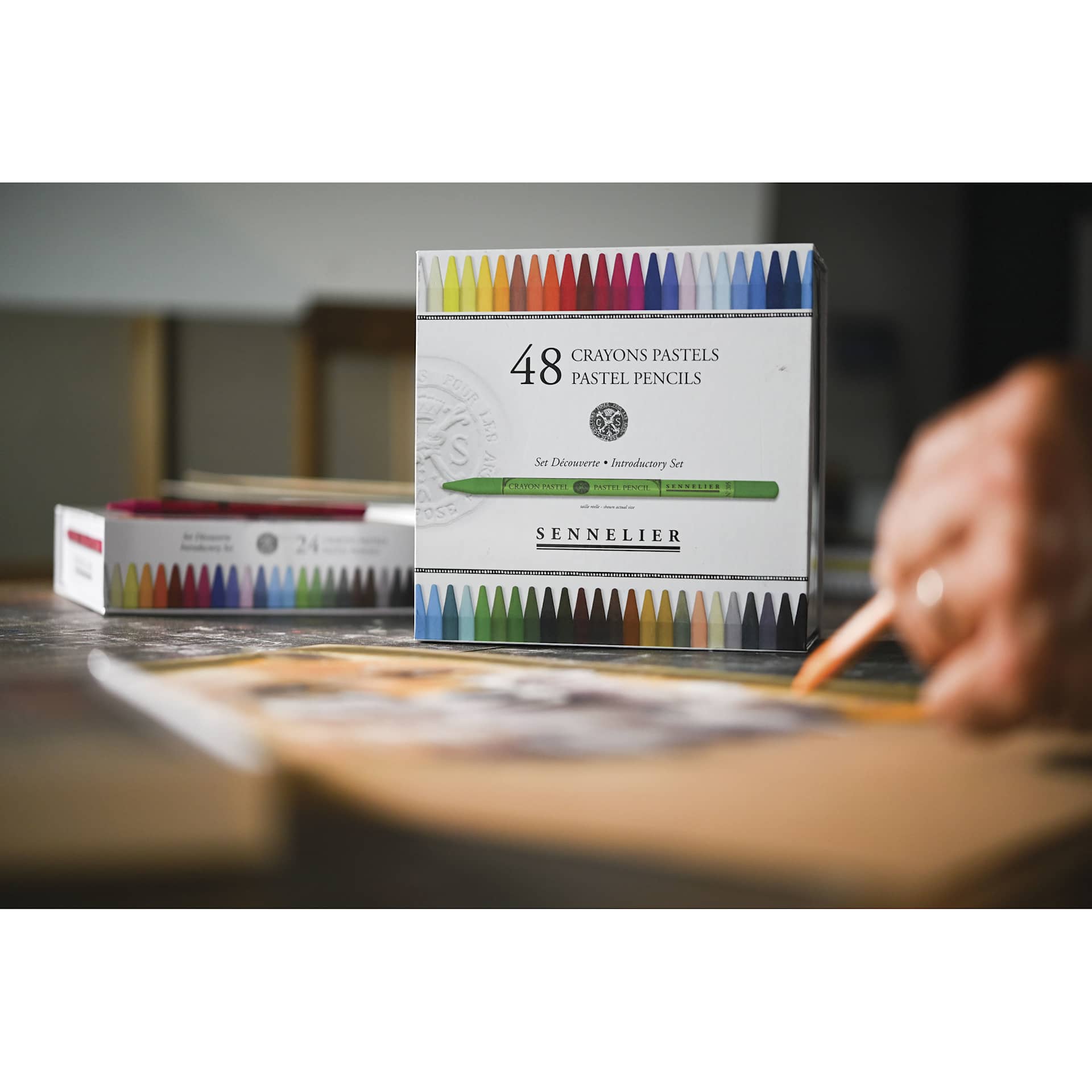 Sennelier Woodless Pastel Pencils - Set of 48, Assorted, on desk