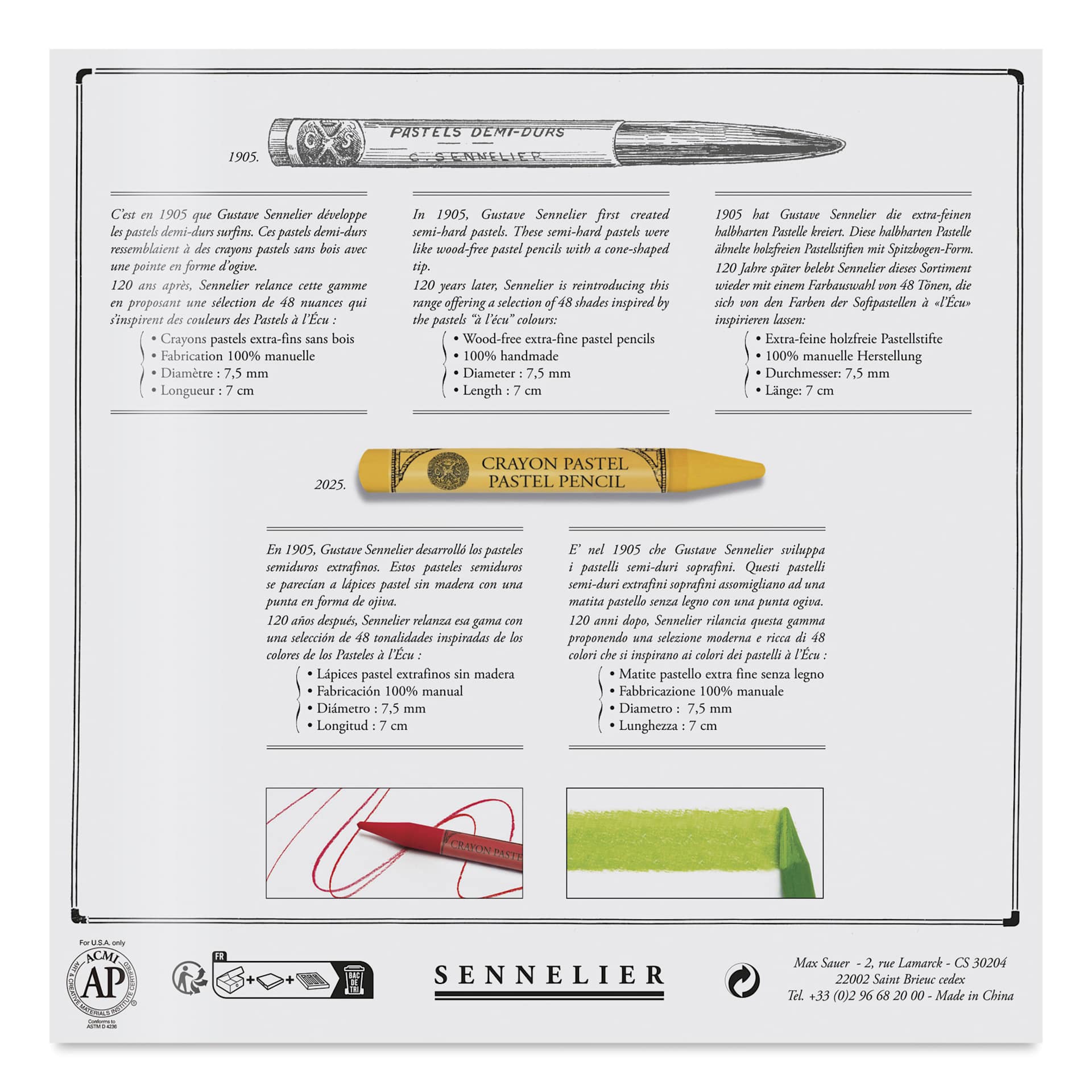 Sennelier Woodless Pastel Pencils - Set of 48, Assorted, Half Sticks, back of packaging