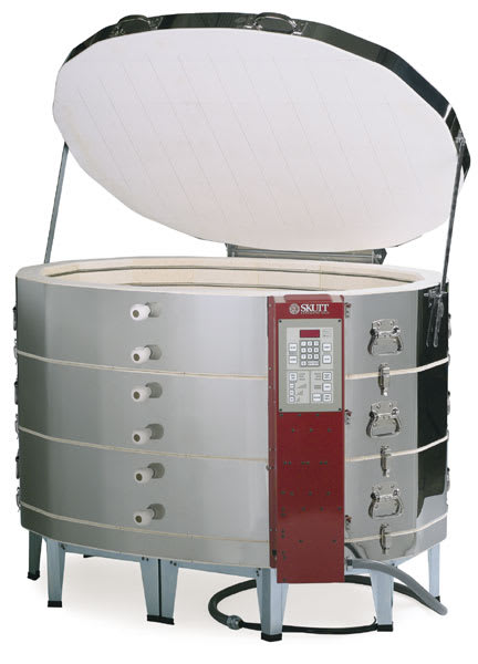 Skutt KM 1627 Kilnmaster Production Kiln​ - Angled view of open kiln showing controls
