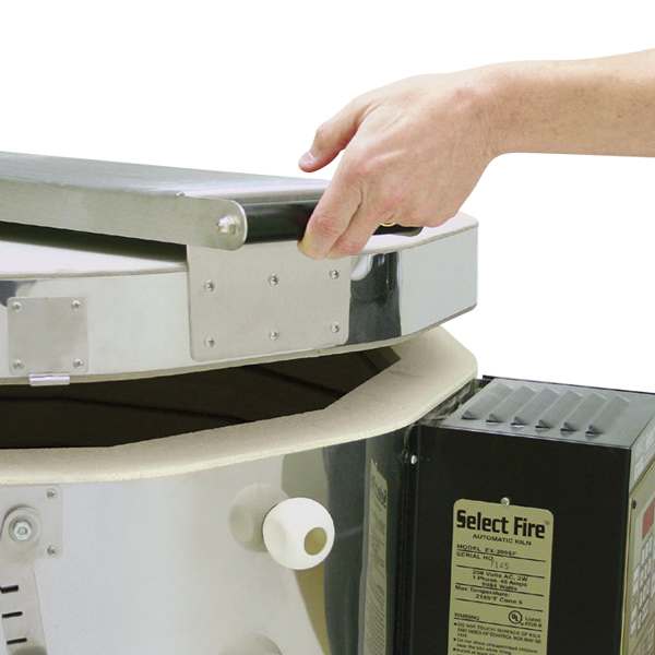 Amaco Excel 22" Deep Select Fire Kilns - Closeup of Hand raising EZ Lift Lid \