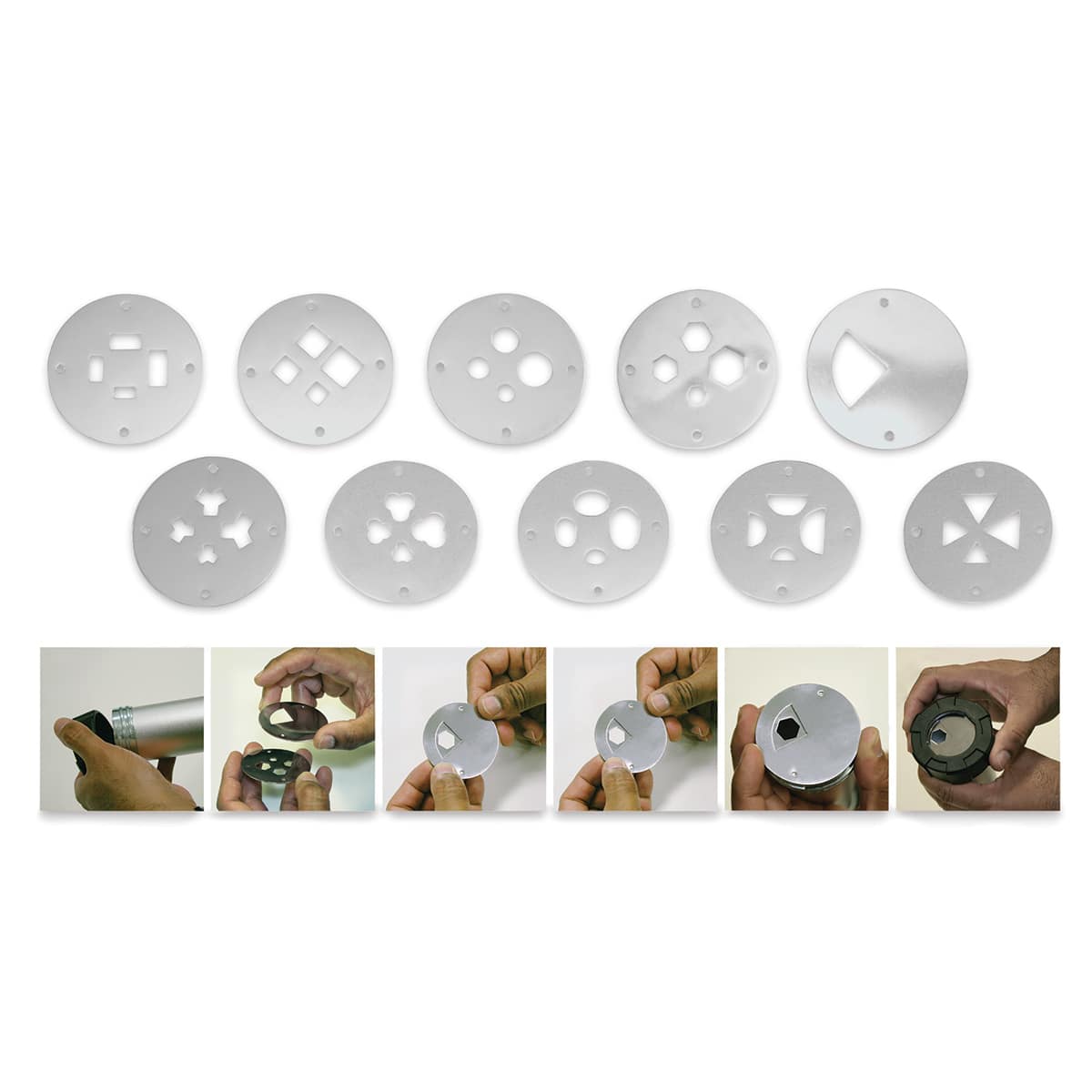 Nidec Shimpo Extruder 4-in-1 Die Set - 9 Dies and BlockOut Die shown with insets of hands illustrating use