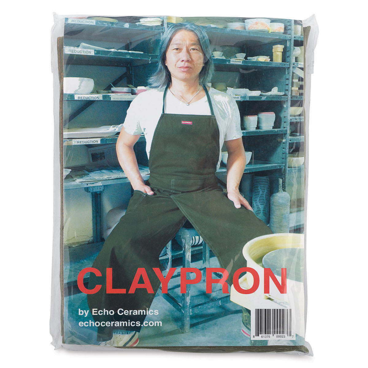 Echo Ceramics Claypron - Front view of package showing artist in apron at potters wheel
