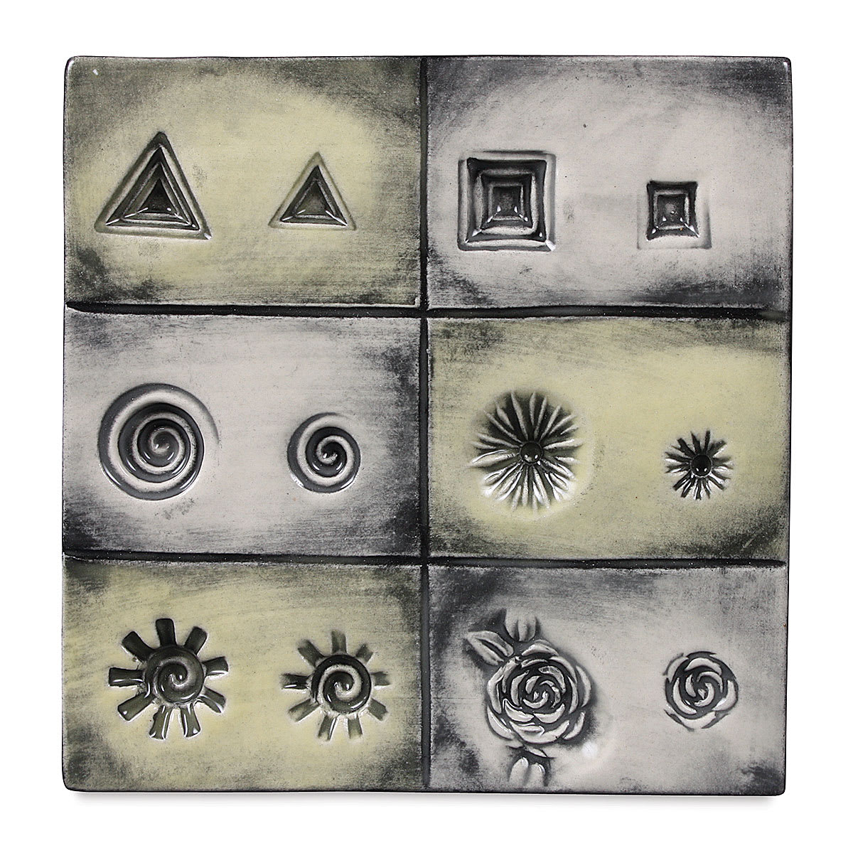 Mayco Press Tools - Finished tiles showing partial and full 3D Designs pattern