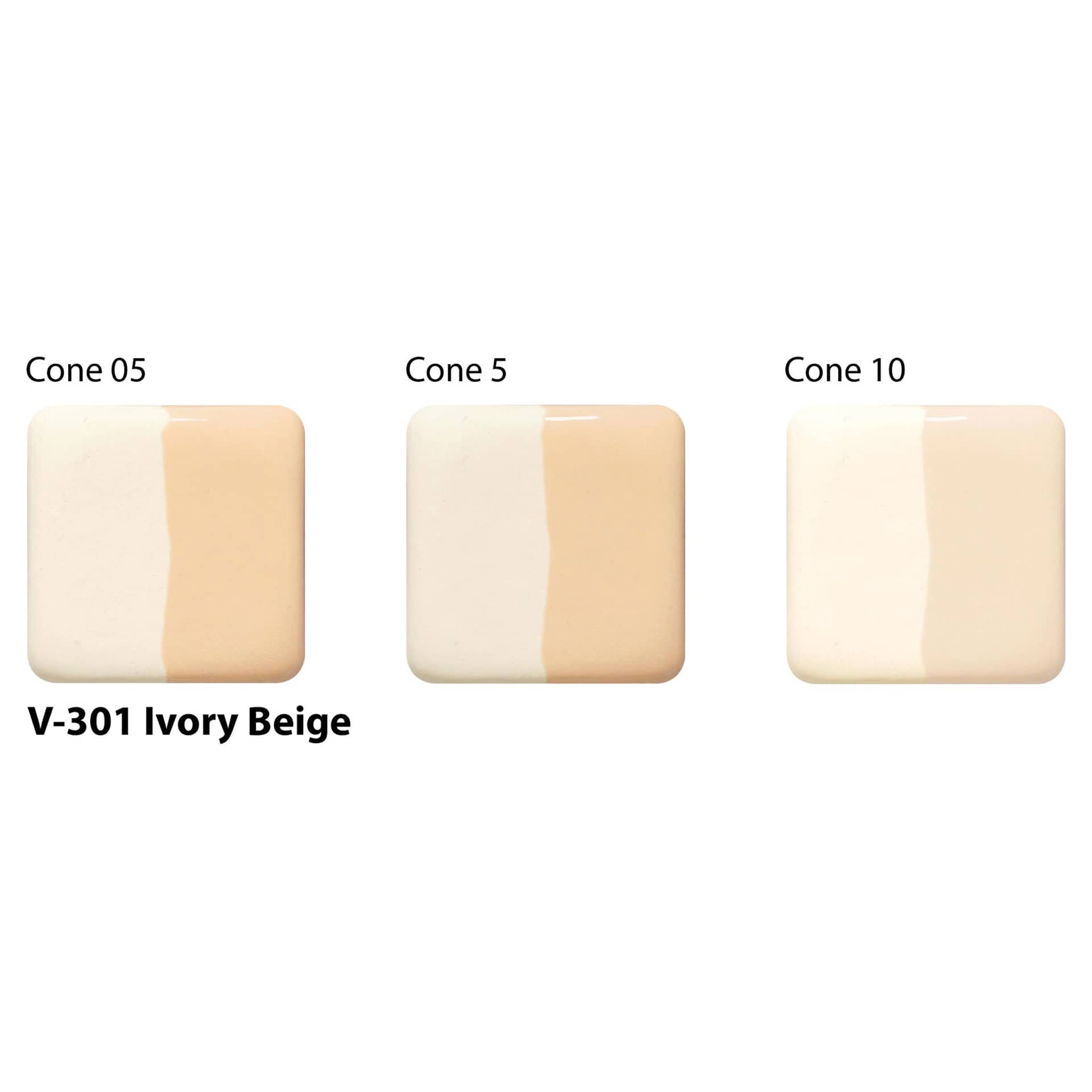Amaco Lead-Free Velvet Underglaze - Ivory Beige cone 05, cone 5, and cone 10 comparison