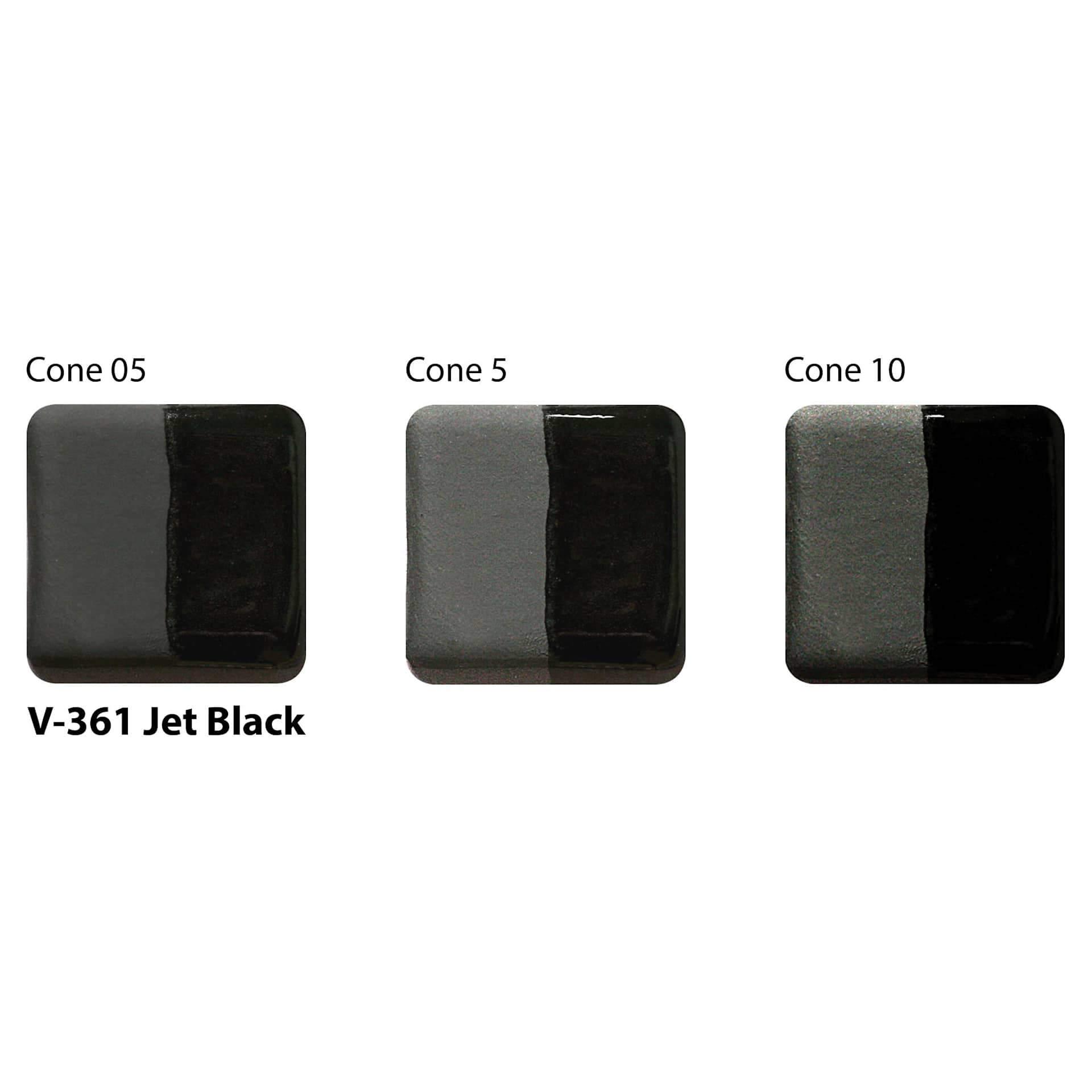 Amaco Lead-Free Velvet Underglaze - Jet Black cone 05, cone 5, and cone 10 comparison