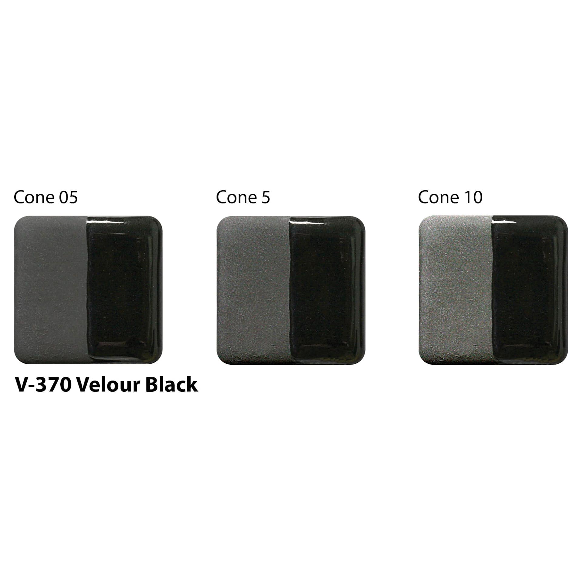 Amaco Lead-Free Velvet Underglaze - Velour Black cone 05, cone 5, and cone 10 comparison