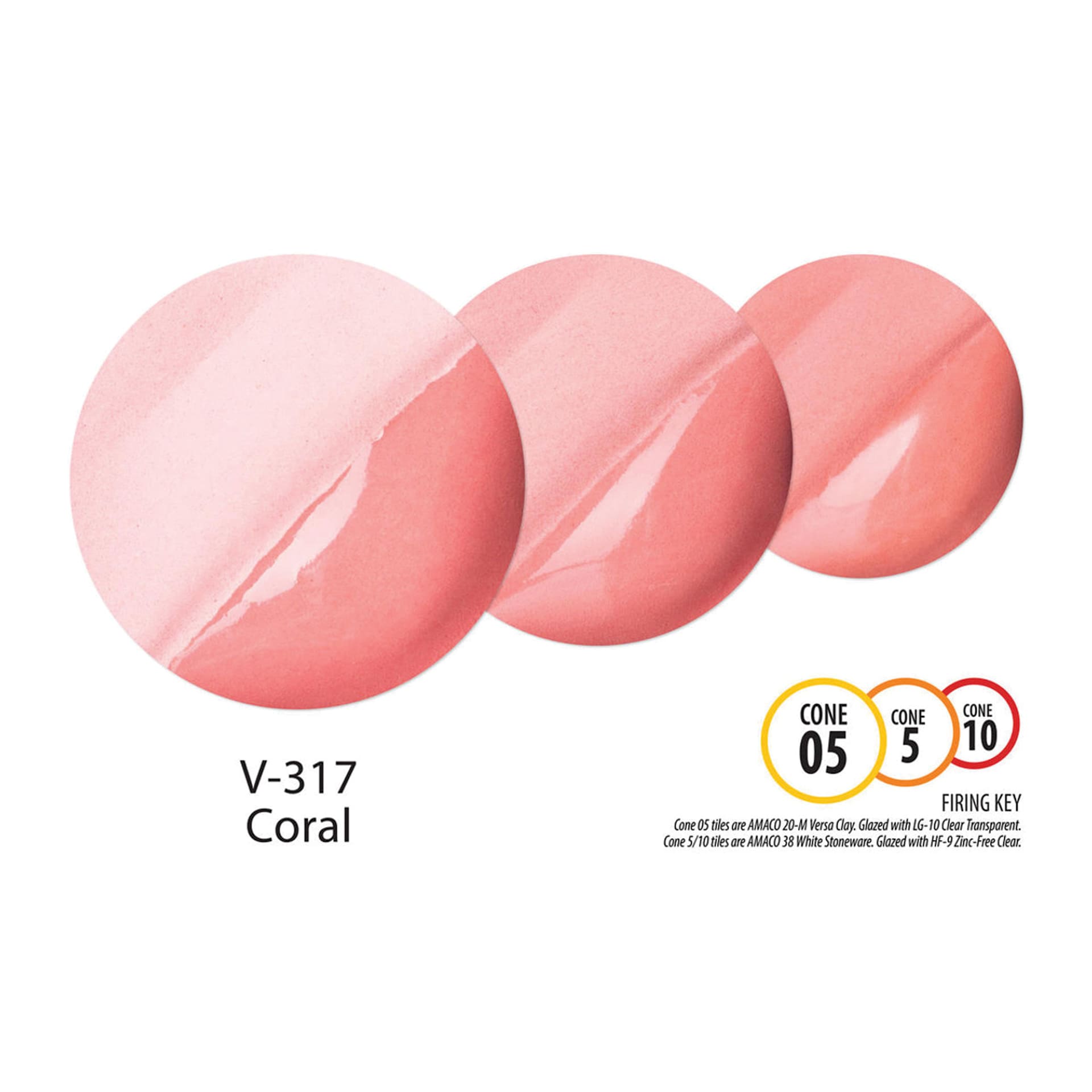 Amaco Lead-Free Velvet Underglaze - Coral cone 05, cone 5, and cone 10 comparison