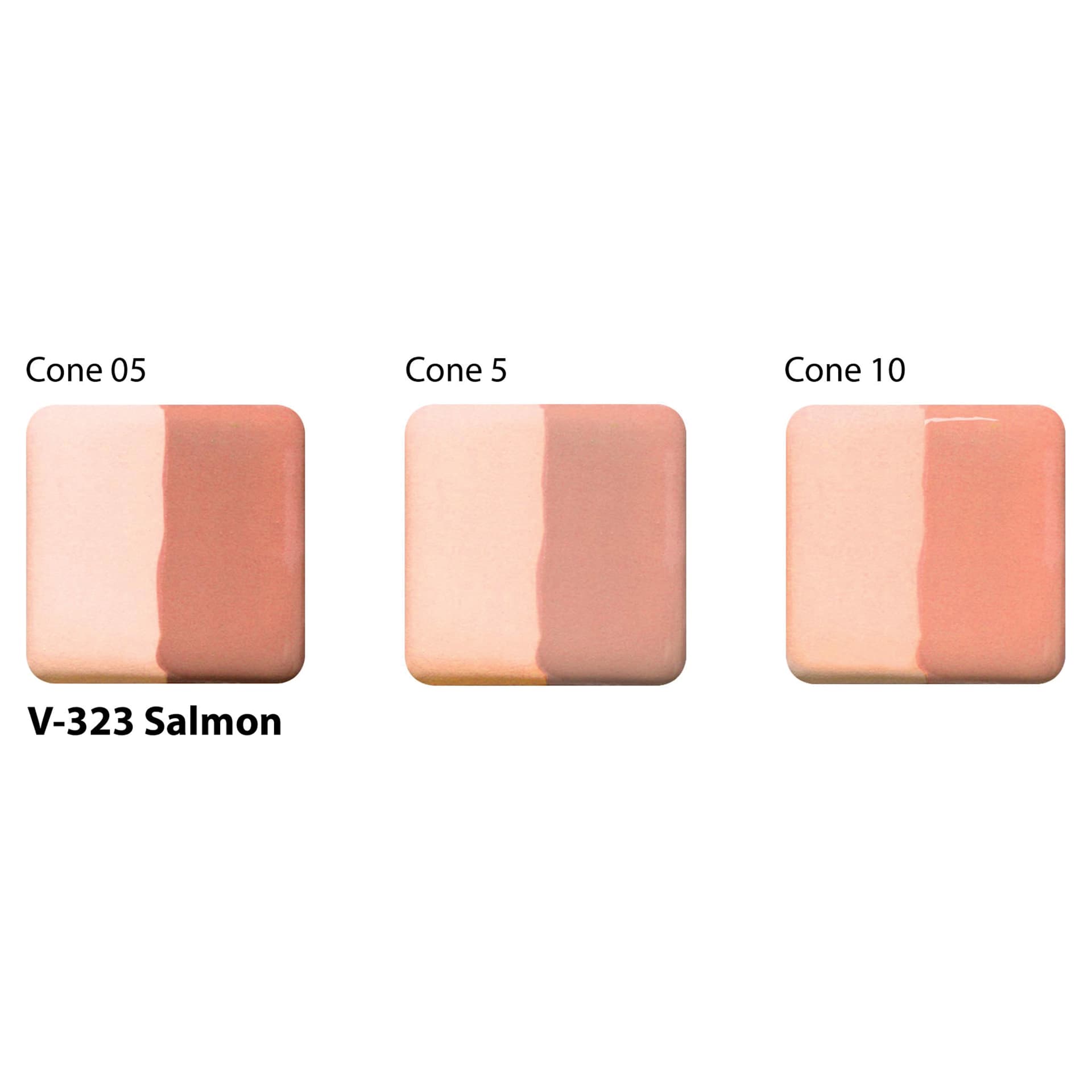 Amaco Lead-Free Velvet Underglaze - Salmon cone 05, cone 5, and cone 10 comparison