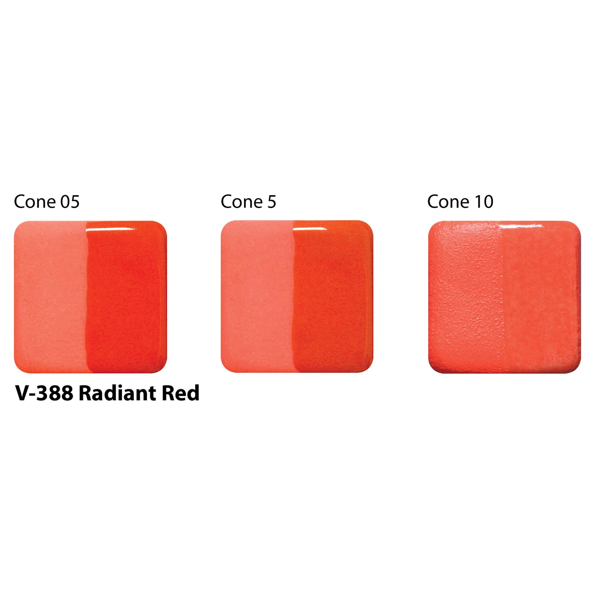Amaco Lead-Free Velvet Underglaze - Radiant Red cone 05, cone 5, and cone 10 comparison