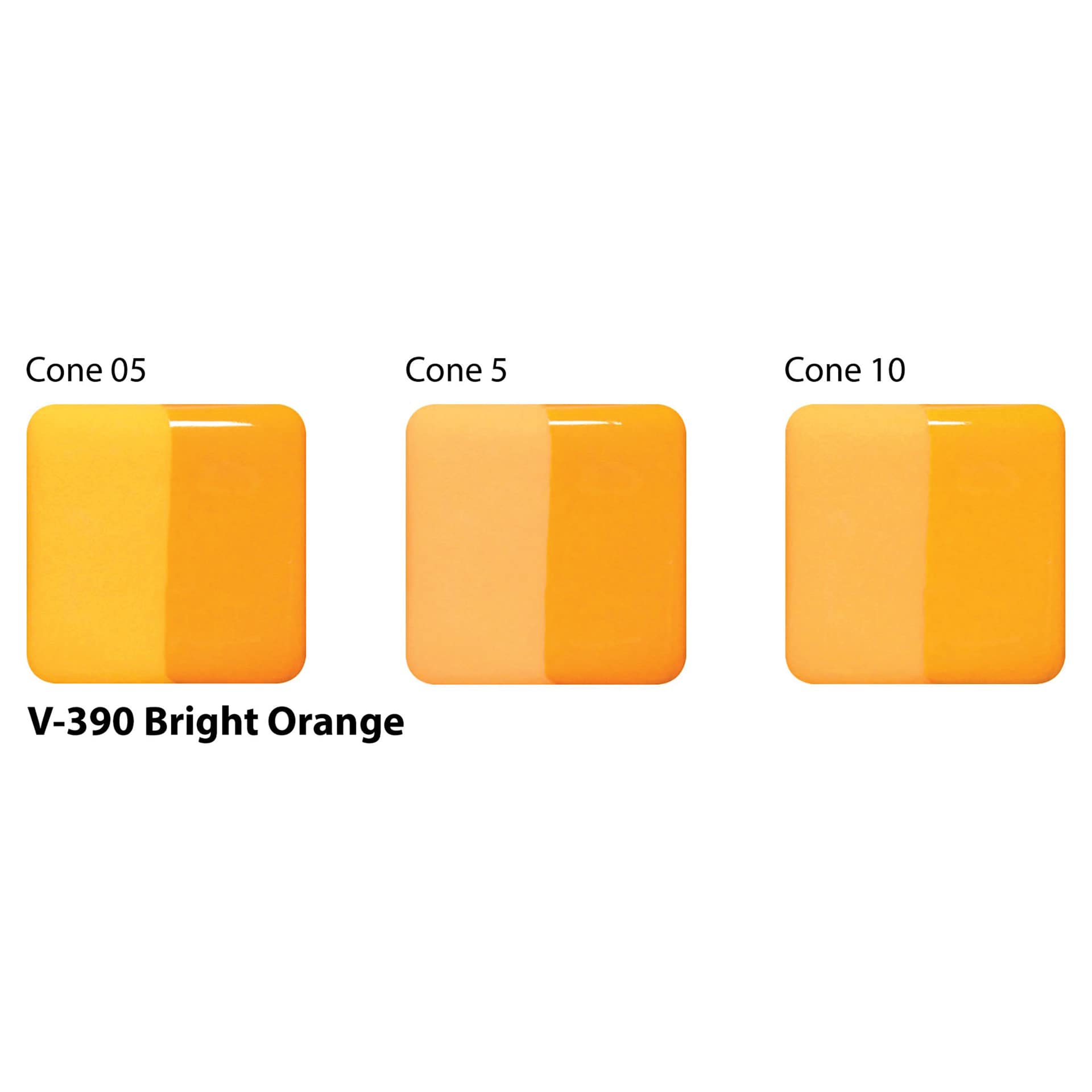 Amaco Lead-Free Velvet Underglaze - Bright Orange cone 05, cone 5, and cone 10 comparison
