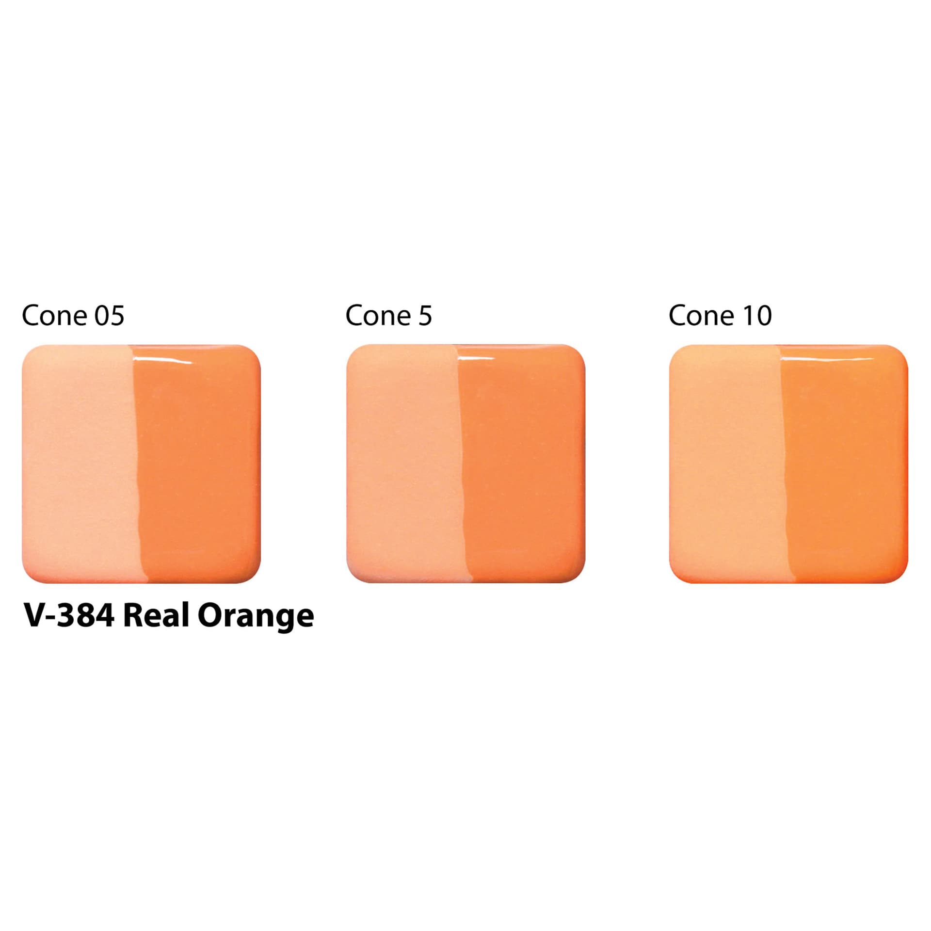 Amaco Lead-Free Velvet Underglaze - Real Orange cone 05, cone 5, and cone 10 comparison