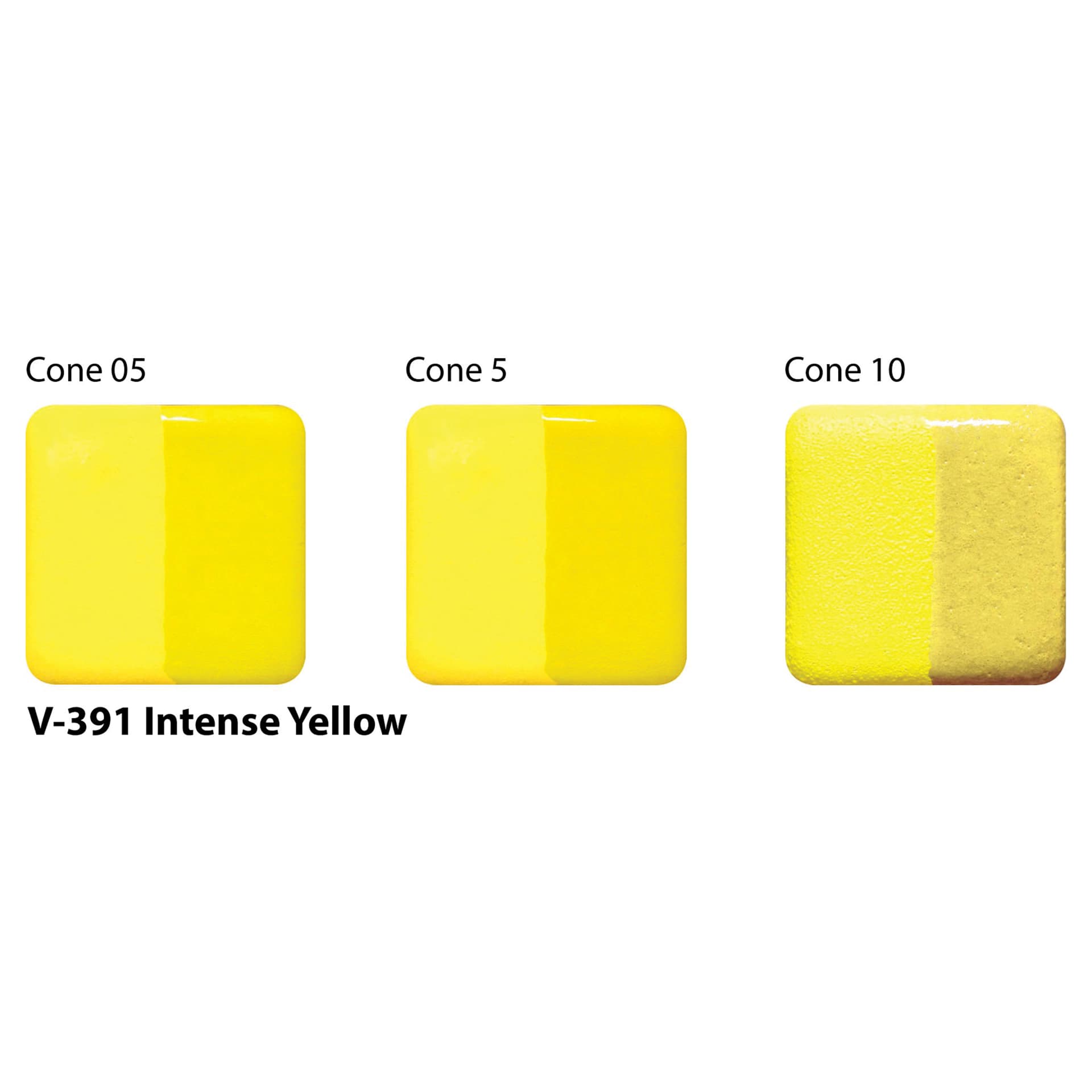 Amaco Lead-Free Velvet Underglaze - Intense Yellow cone 05, cone 5, and cone 10 comparison