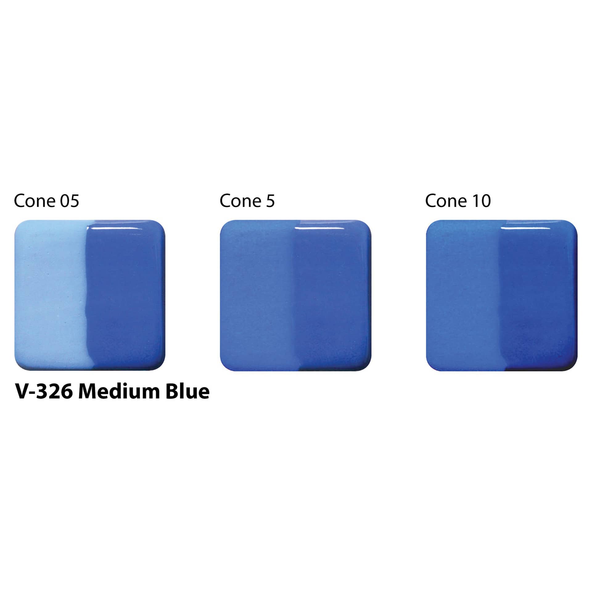 Amaco Lead-Free Velvet Underglaze - Medium Blue cone 05, cone 5, and cone 10 comparison