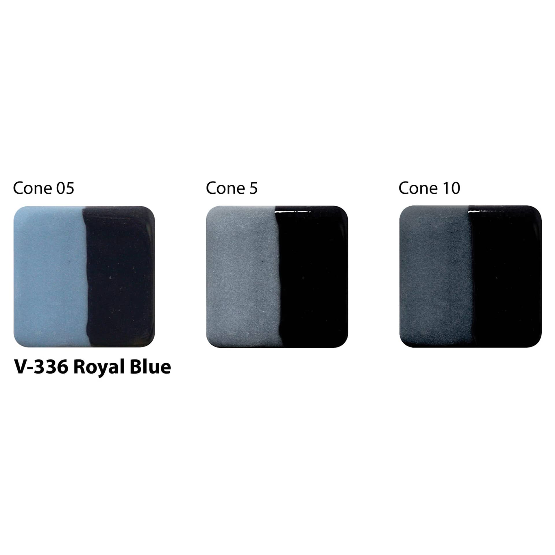 Amaco Lead-Free Velvet Underglaze - Royal Blue cone 05, cone 5, and cone 10 comparison