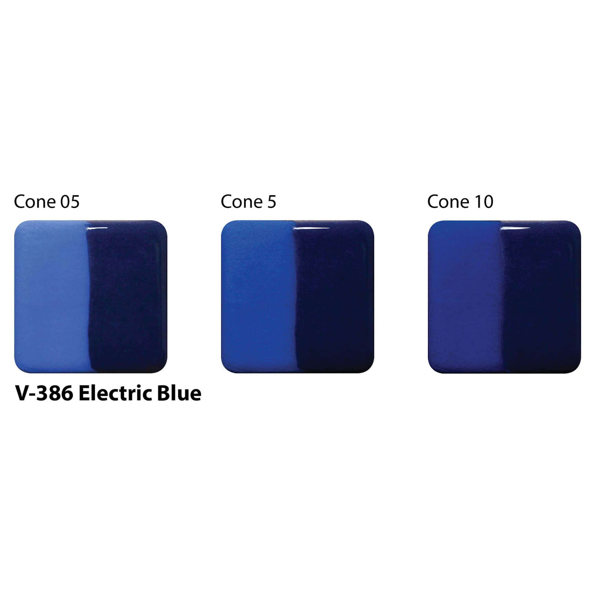Amaco Lead-Free Velvet Underglaze - Electric Blue cone 05, cone 5, and cone 10 comparison