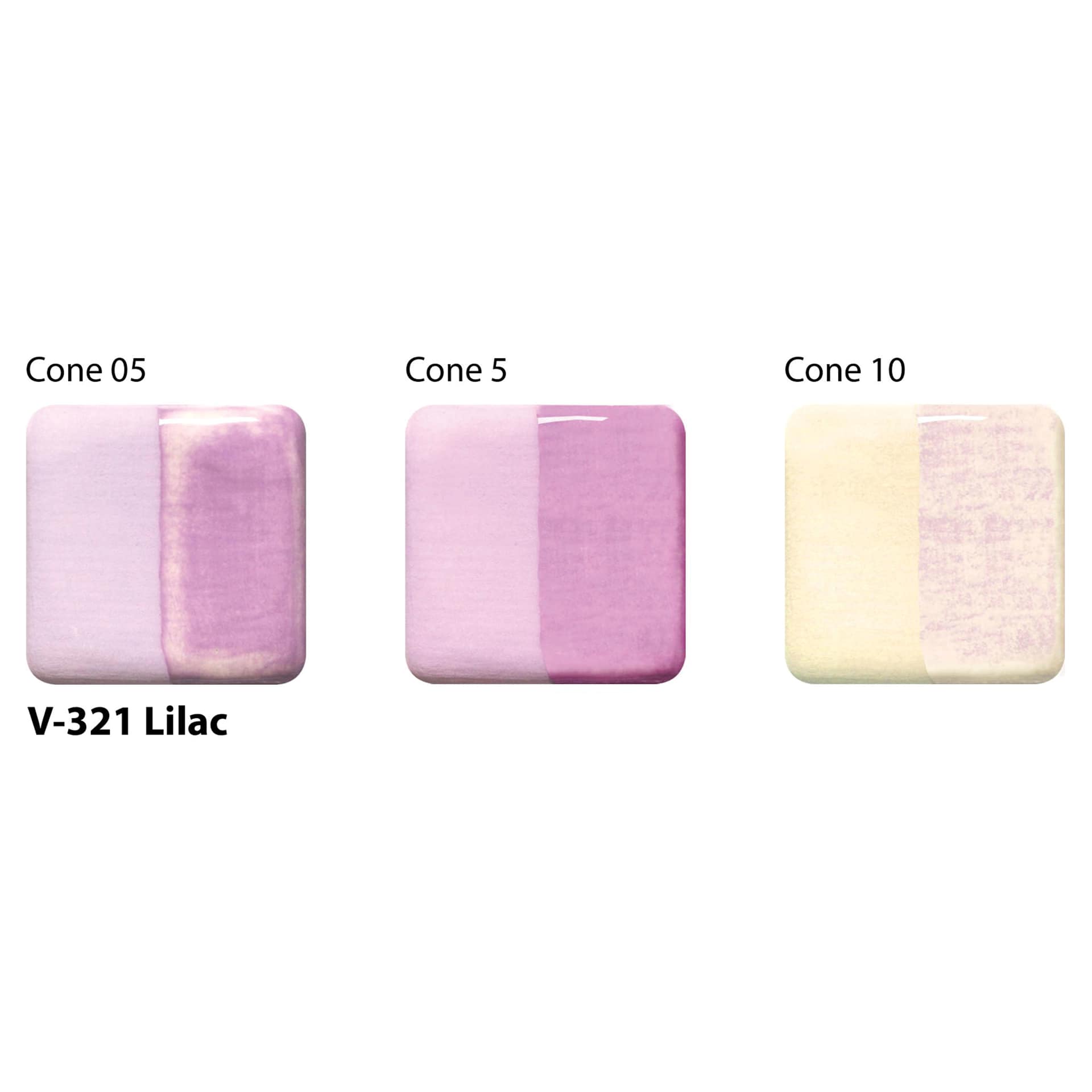 Amaco Lead-Free Velvet Underglaze - Lilac cone 05, cone 5, and cone 10 comparisons