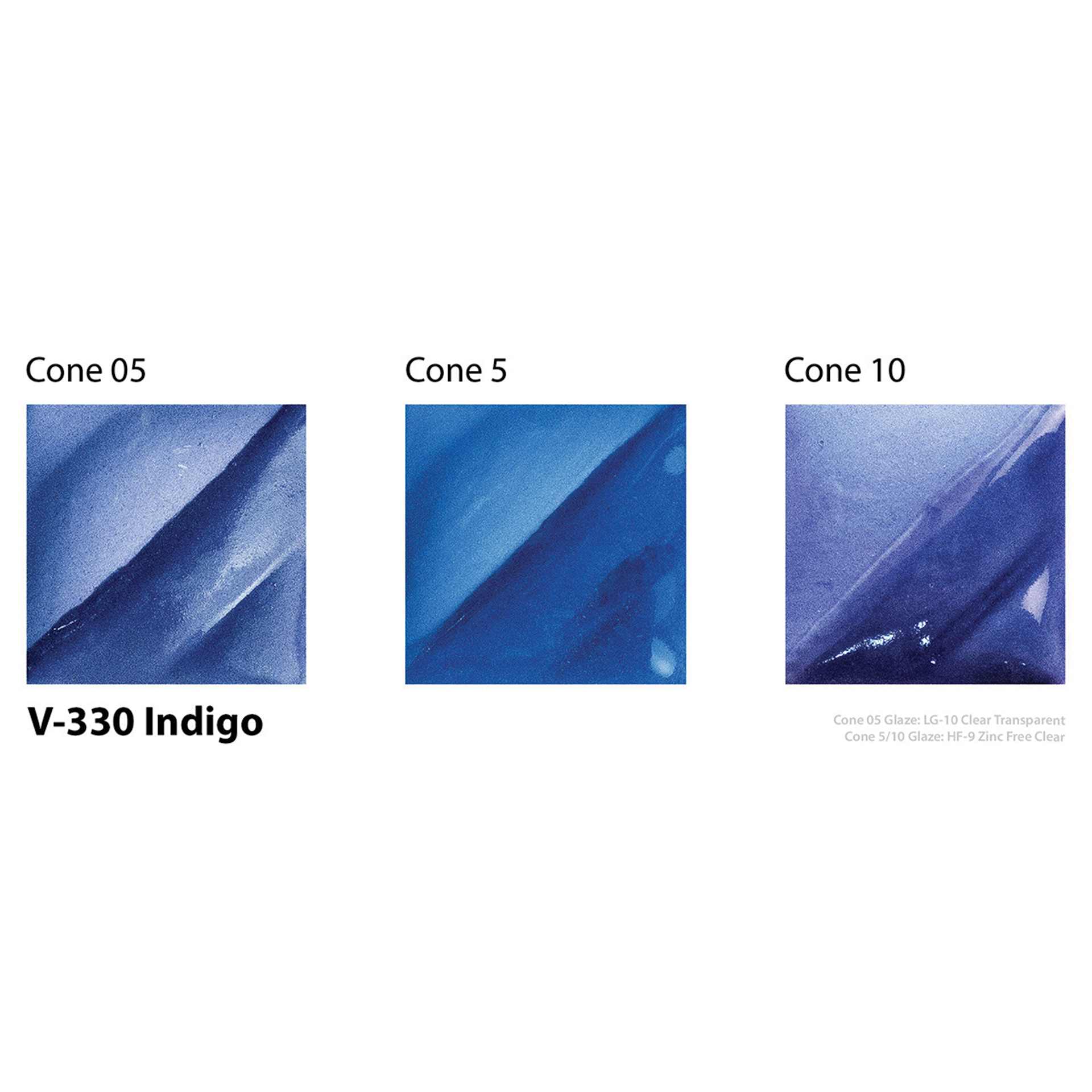 Amaco Lead-Free Velvet Underglaze - Indigo cone 05, cone 5, and cone 10 comparison