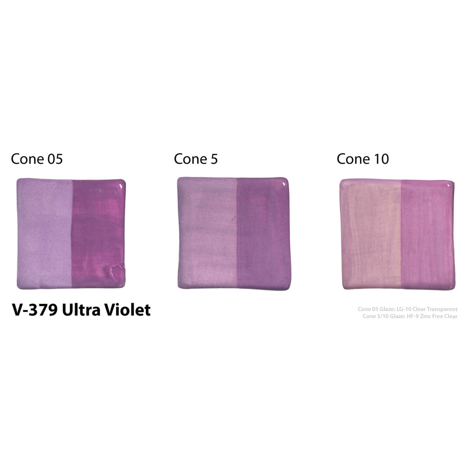 Amaco Lead-Free Velvet Underglaze - Ultra Violet cone 05, cone 5, and cone 10 comparison