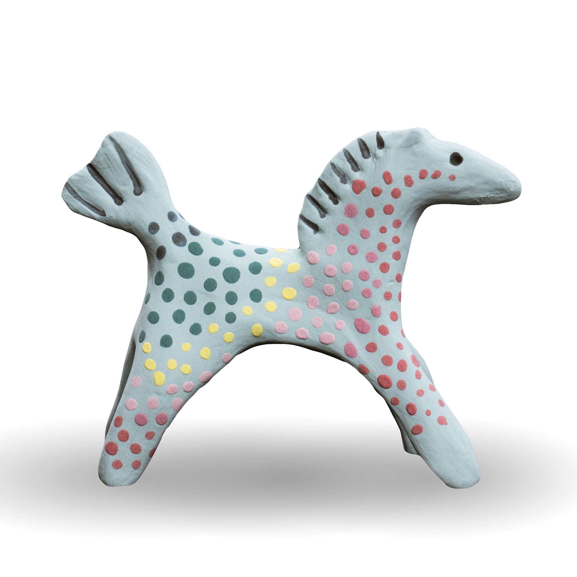 Horse sculpture painted with unfired Amaco LUG Liquid Underglaze.