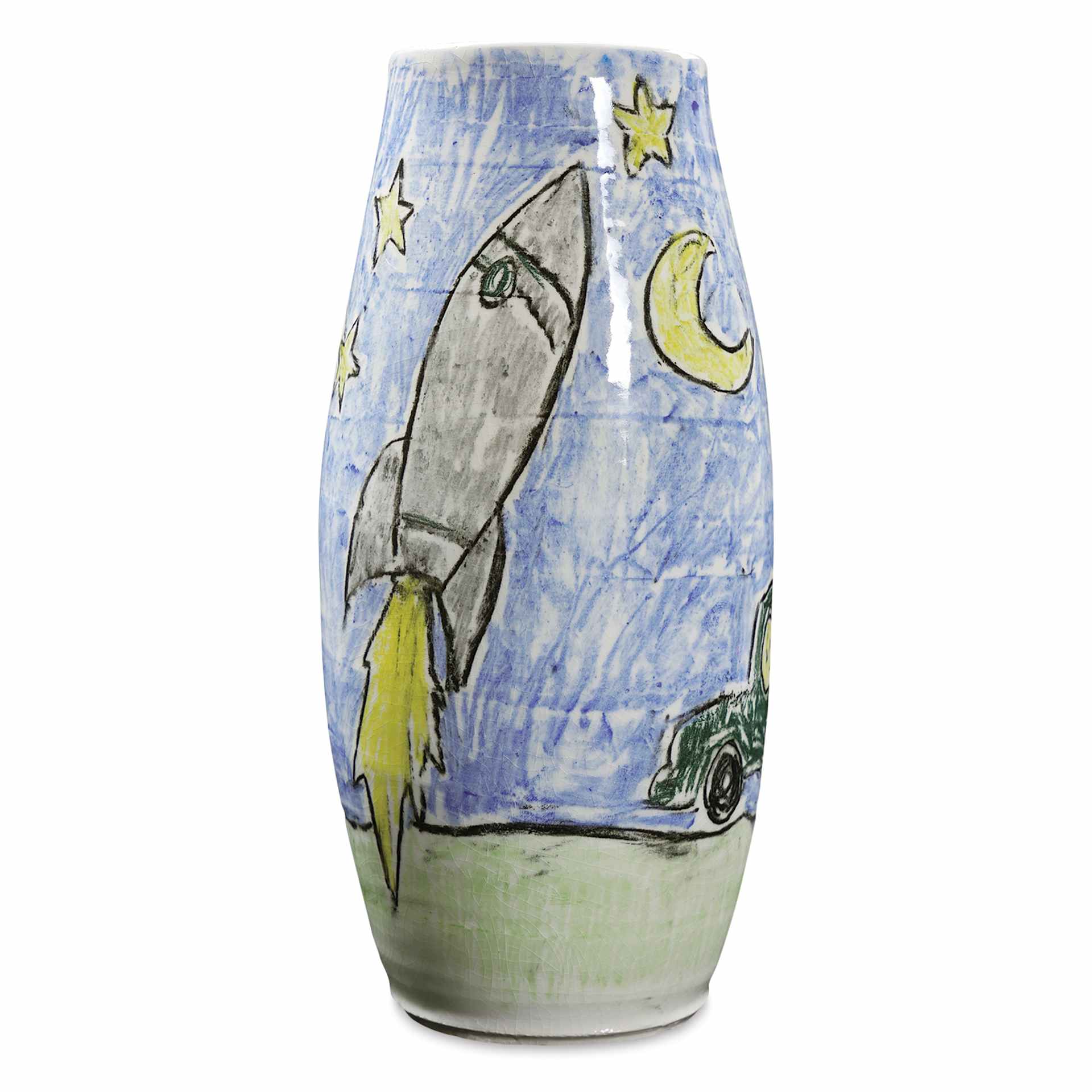 Amaco Lead Free Underglaze Chalk Crayons rocket design applied to ceramic vase