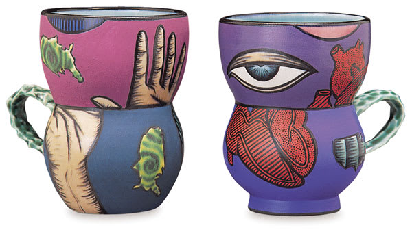 Amaco High Fire Glazes, View of two cups painted with the glazes