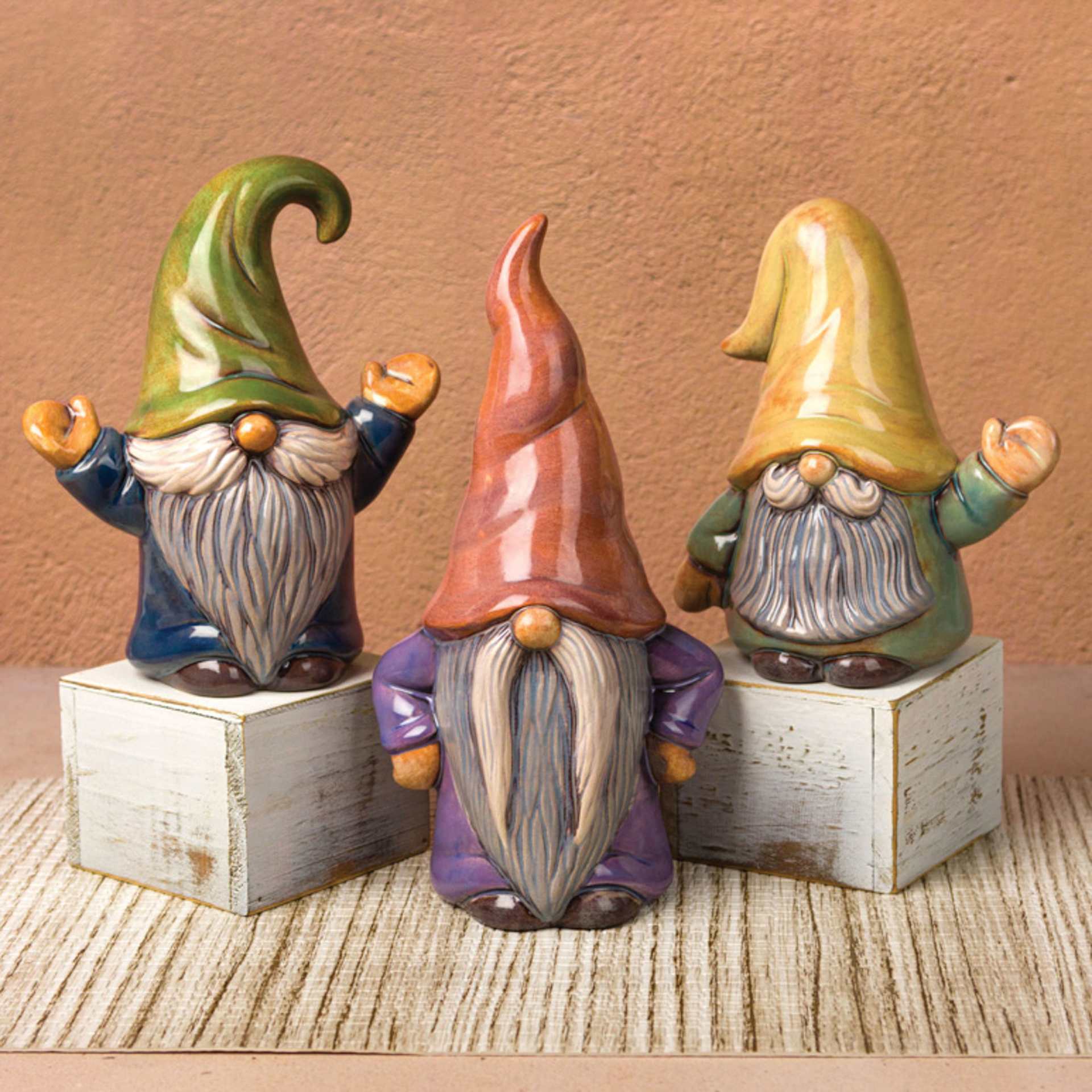 Mayco Elements Glazes - three finished gnome statue examples
